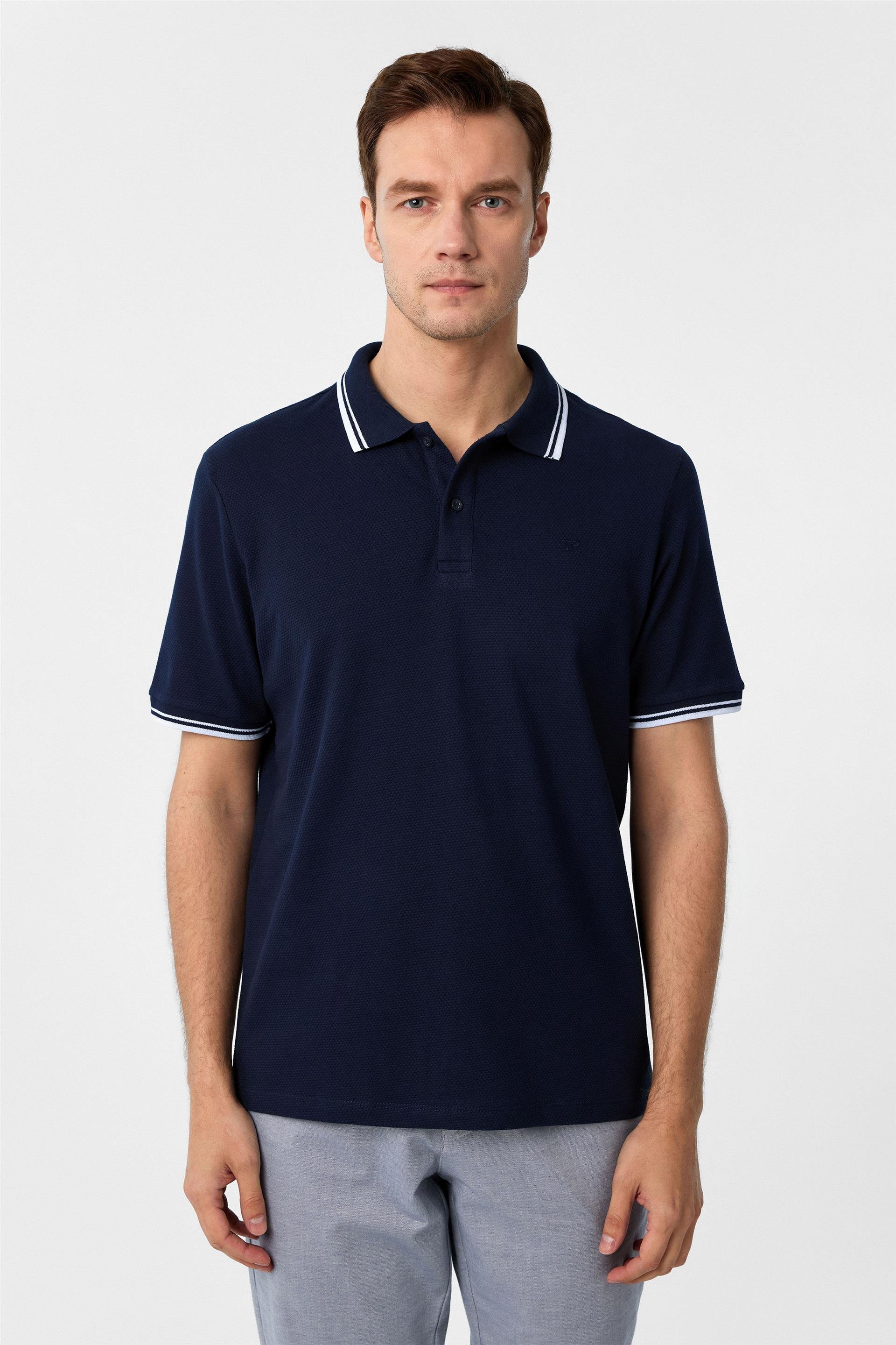 Lacivert Regular Armürlü Polo Yaka Tişört