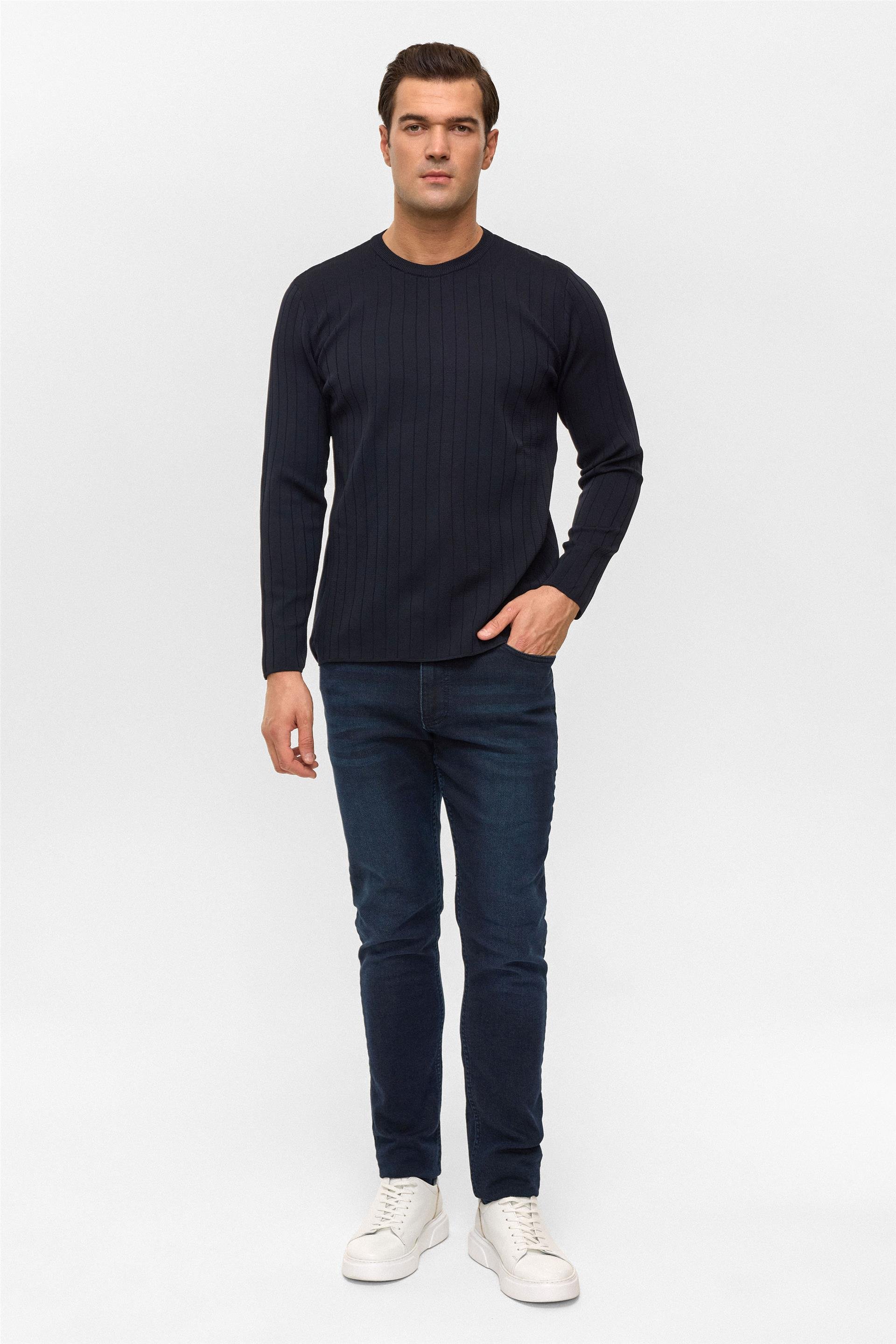 Lacivert Regular Desenli Bisiklet Yaka Triko Kazak