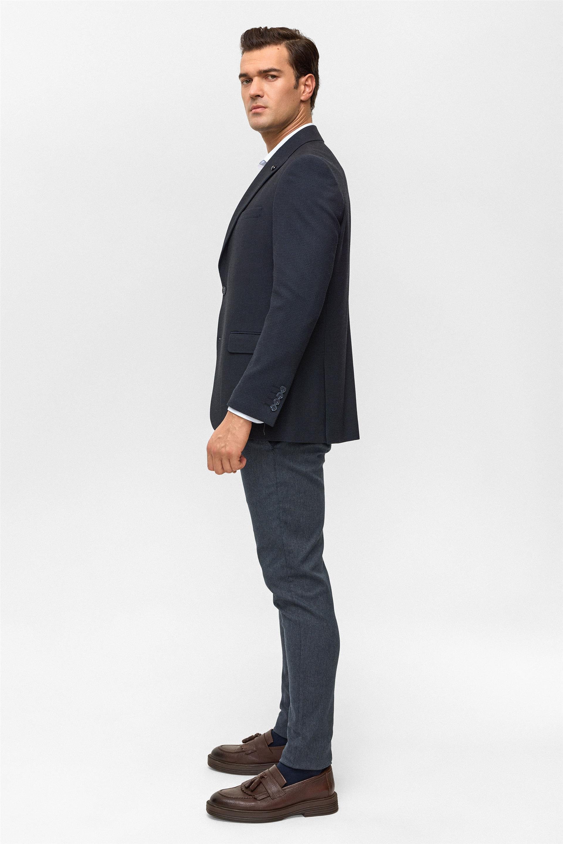 Lacivert Regular Desenli Mono Yaka 4 Drop Ceket