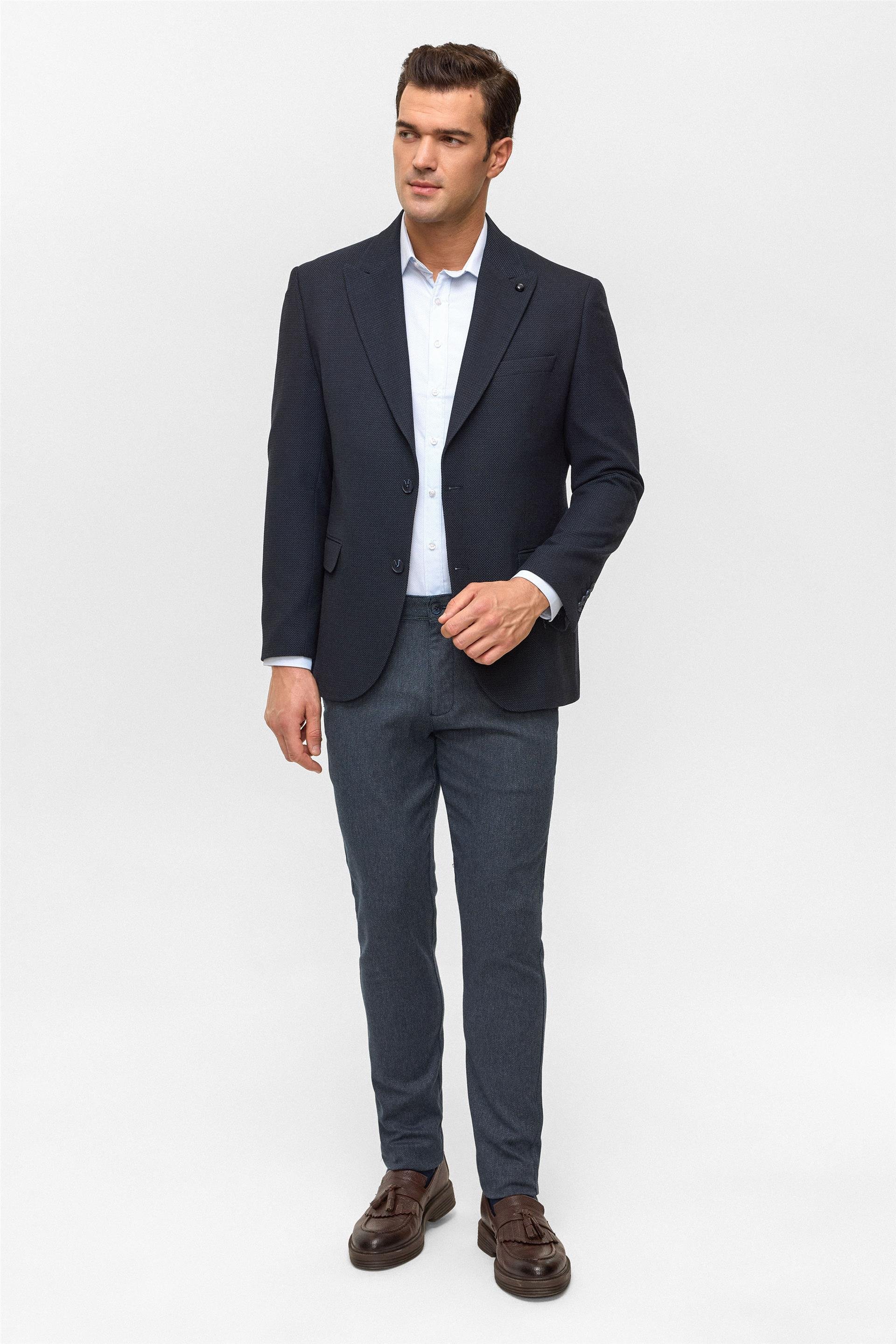 Lacivert Regular Desenli Mono Yaka 4 Drop Ceket