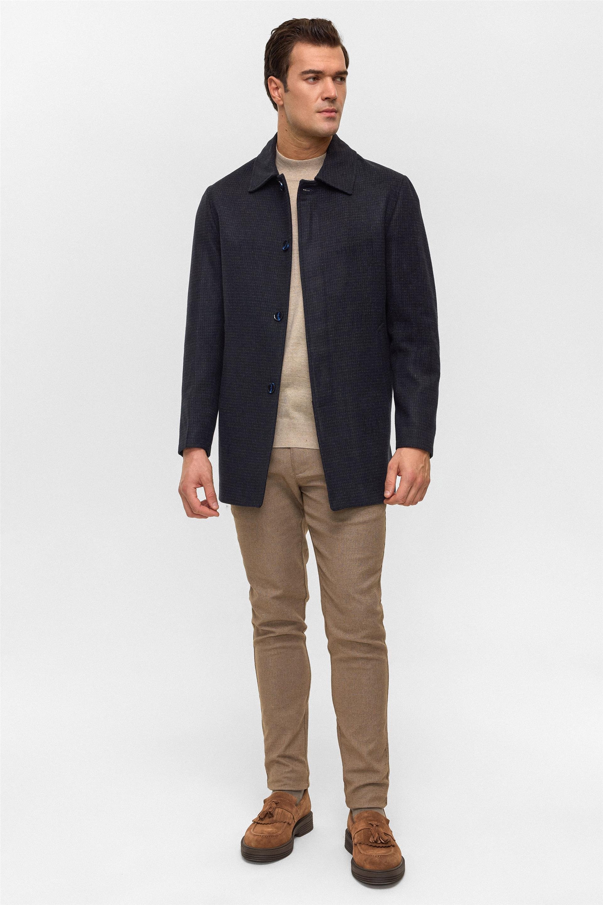 Lacivert Regular Düz Bebe Yaka Kaban