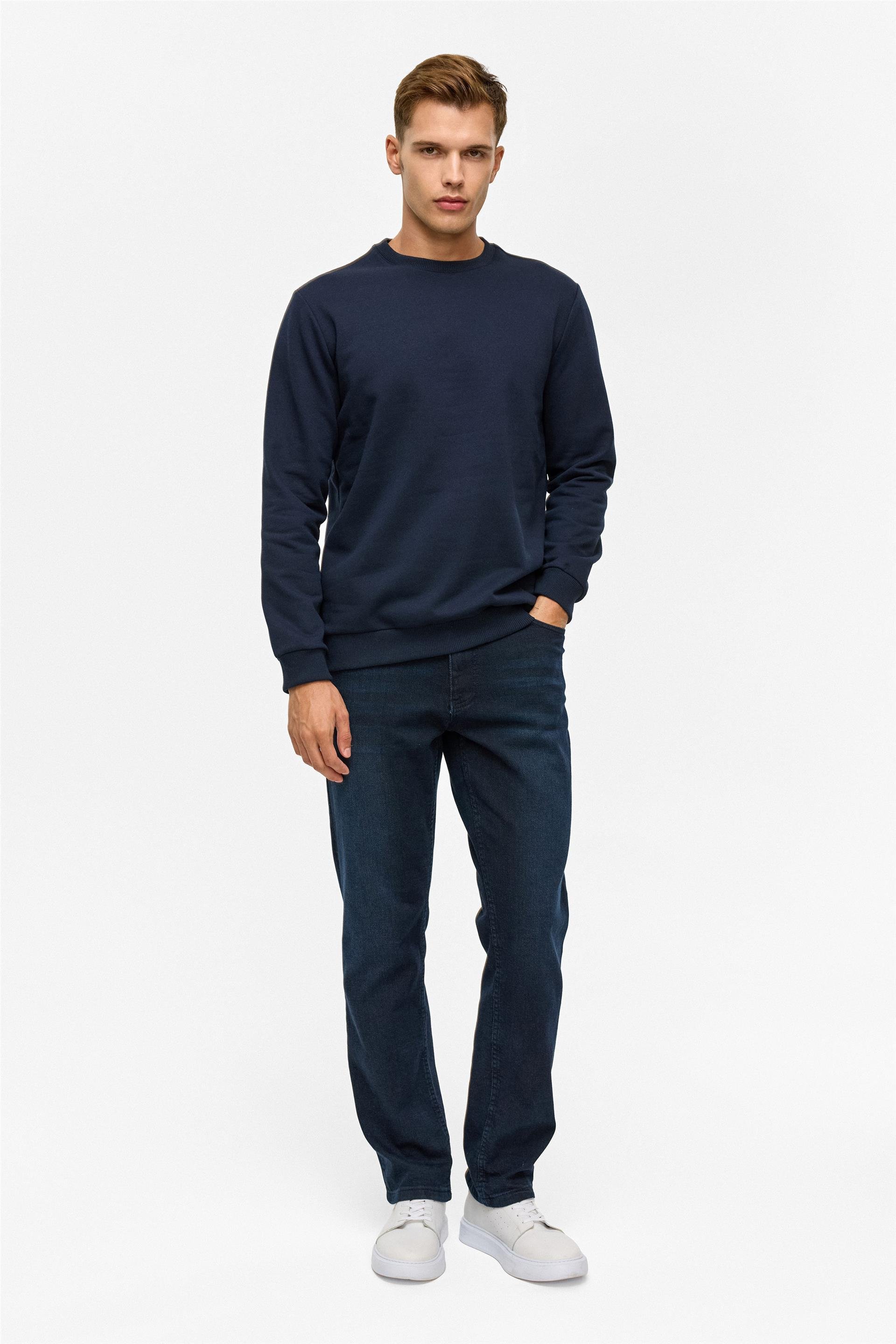 Lacivert Regular Düz Bisiklet Yaka Sweatshirt