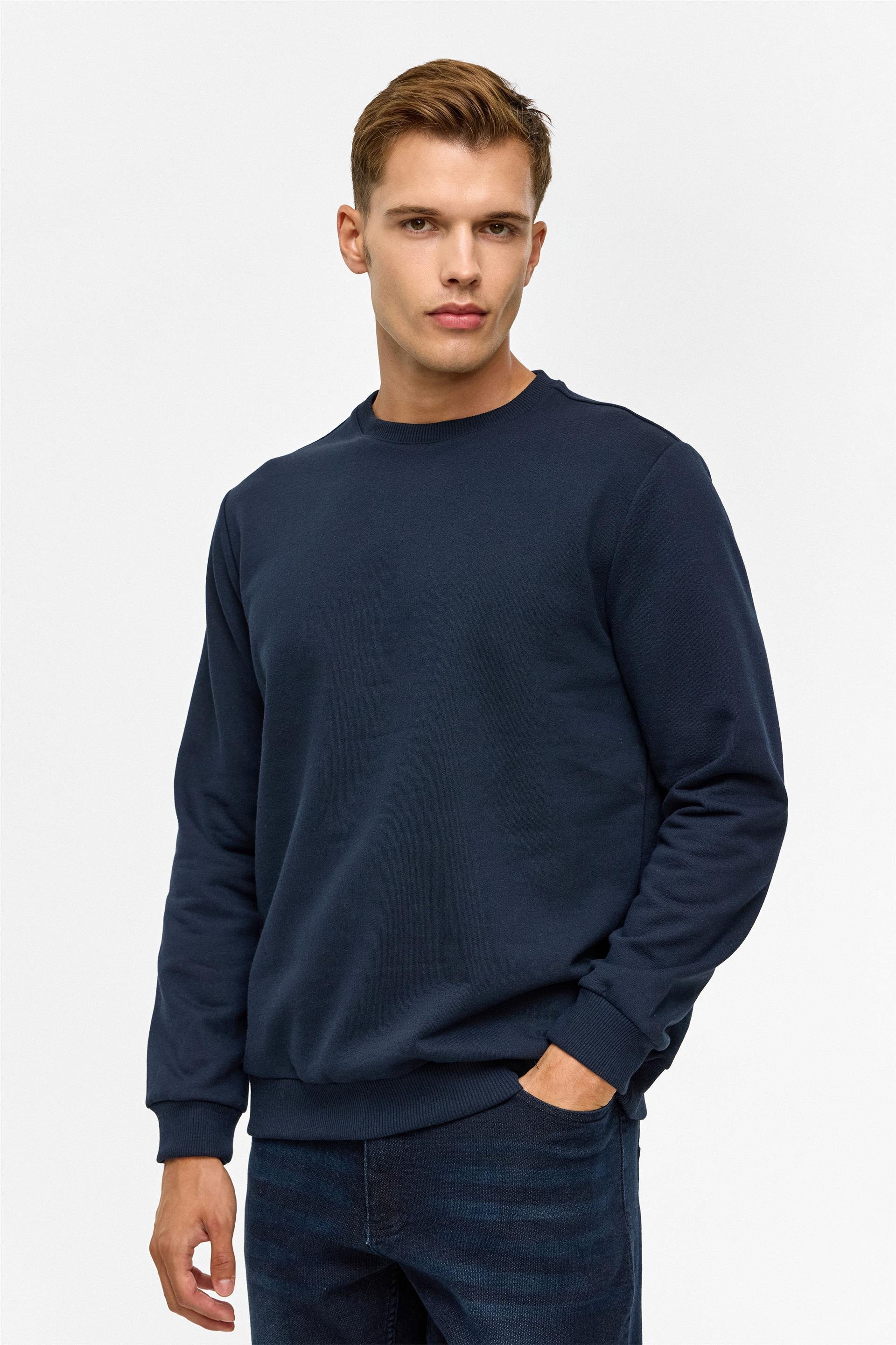 Lacivert Regular Düz Bisiklet Yaka Sweatshirt