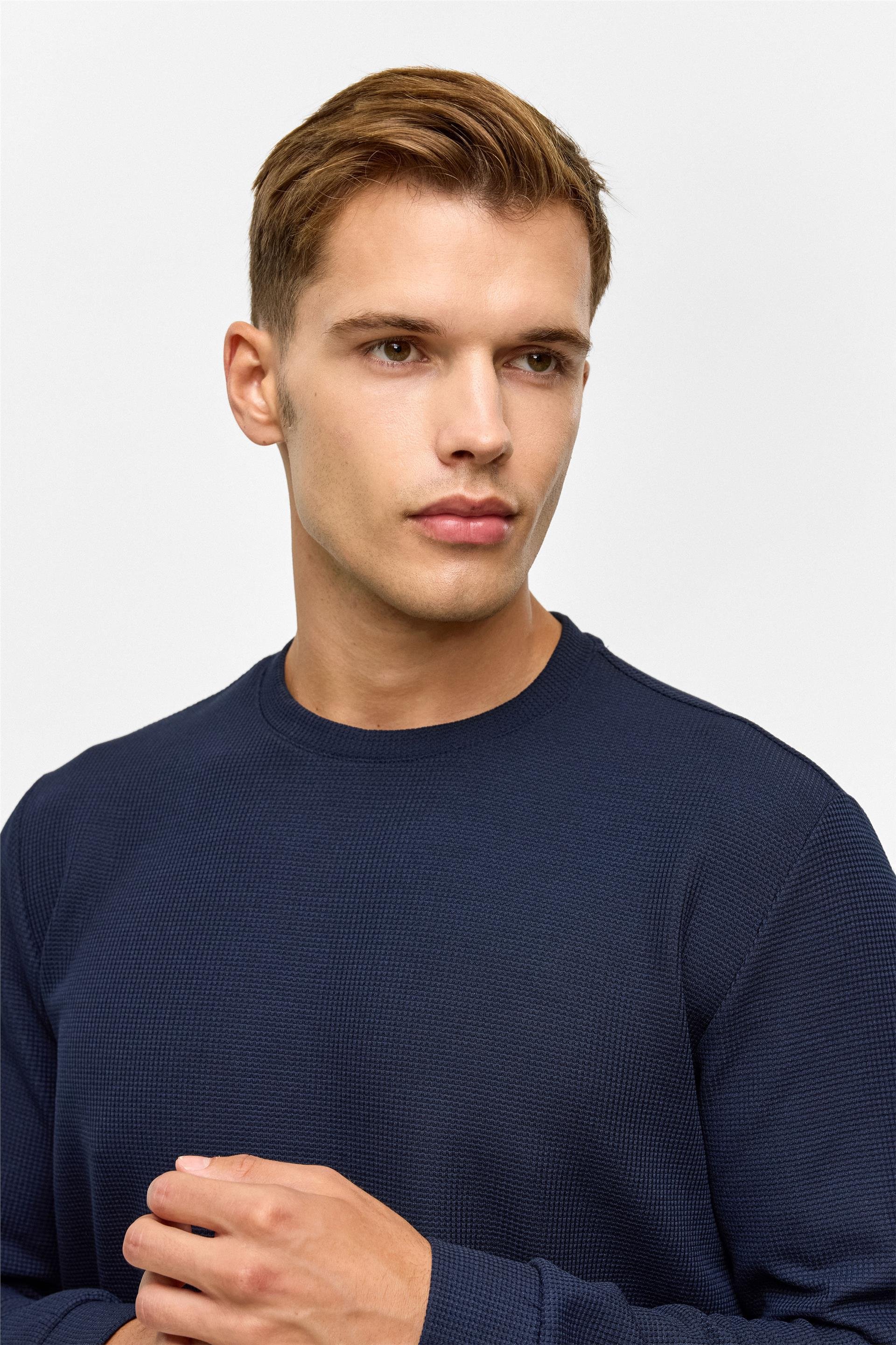 Lacivert Regular Düz Bisiklet Yaka Sweatshirt