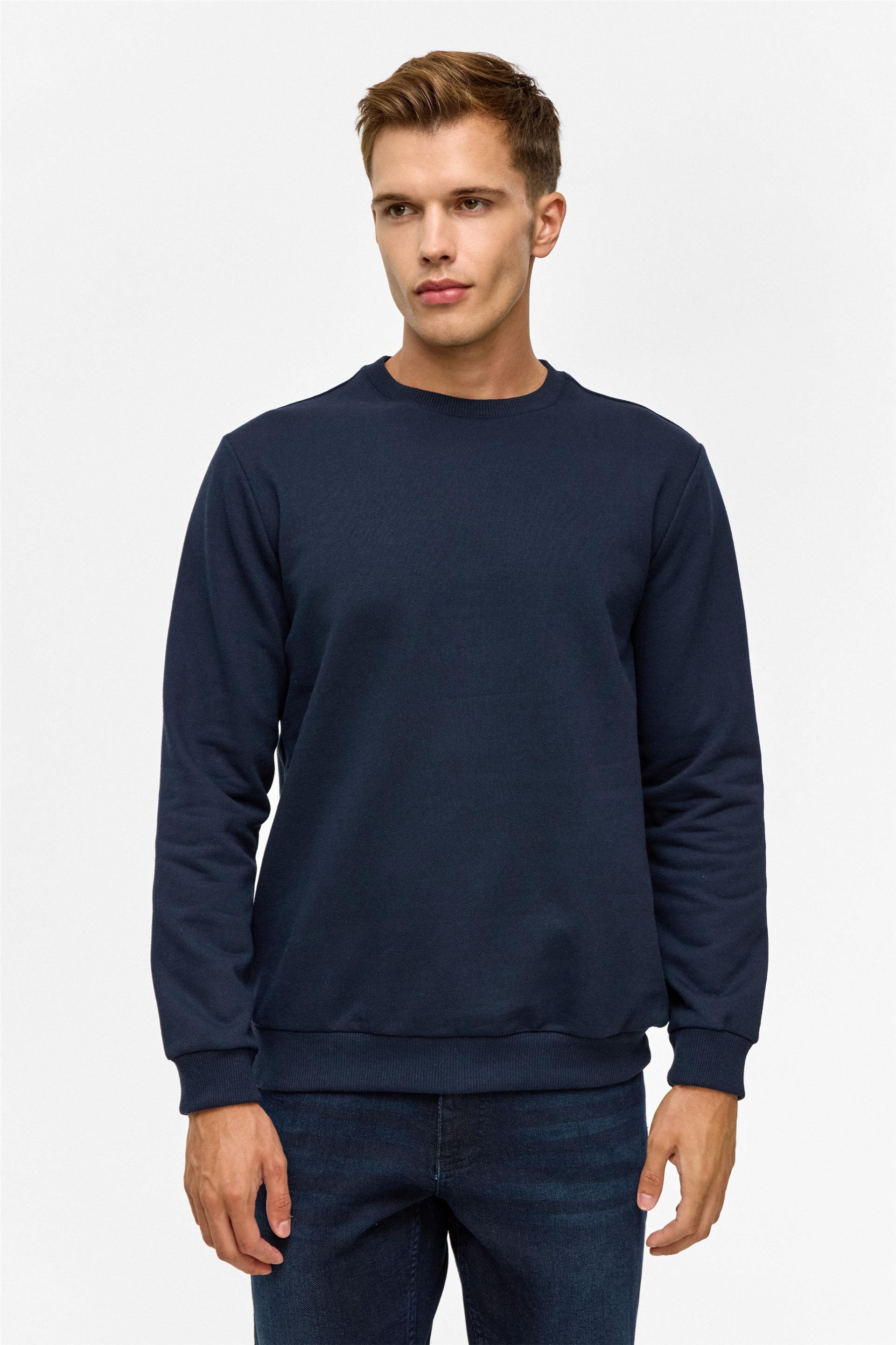 Lacivert Regular Düz Bisiklet Yaka Sweatshirt