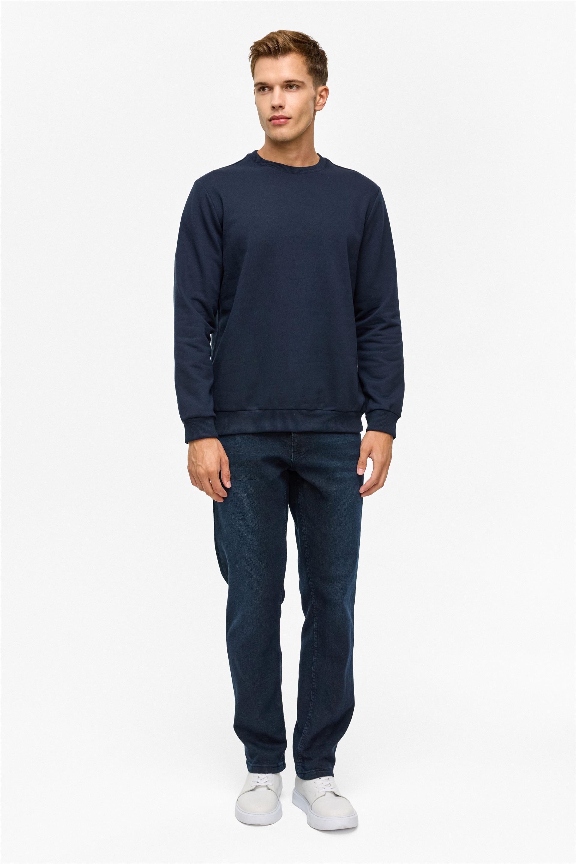 Lacivert Regular Düz Bisiklet Yaka Sweatshirt