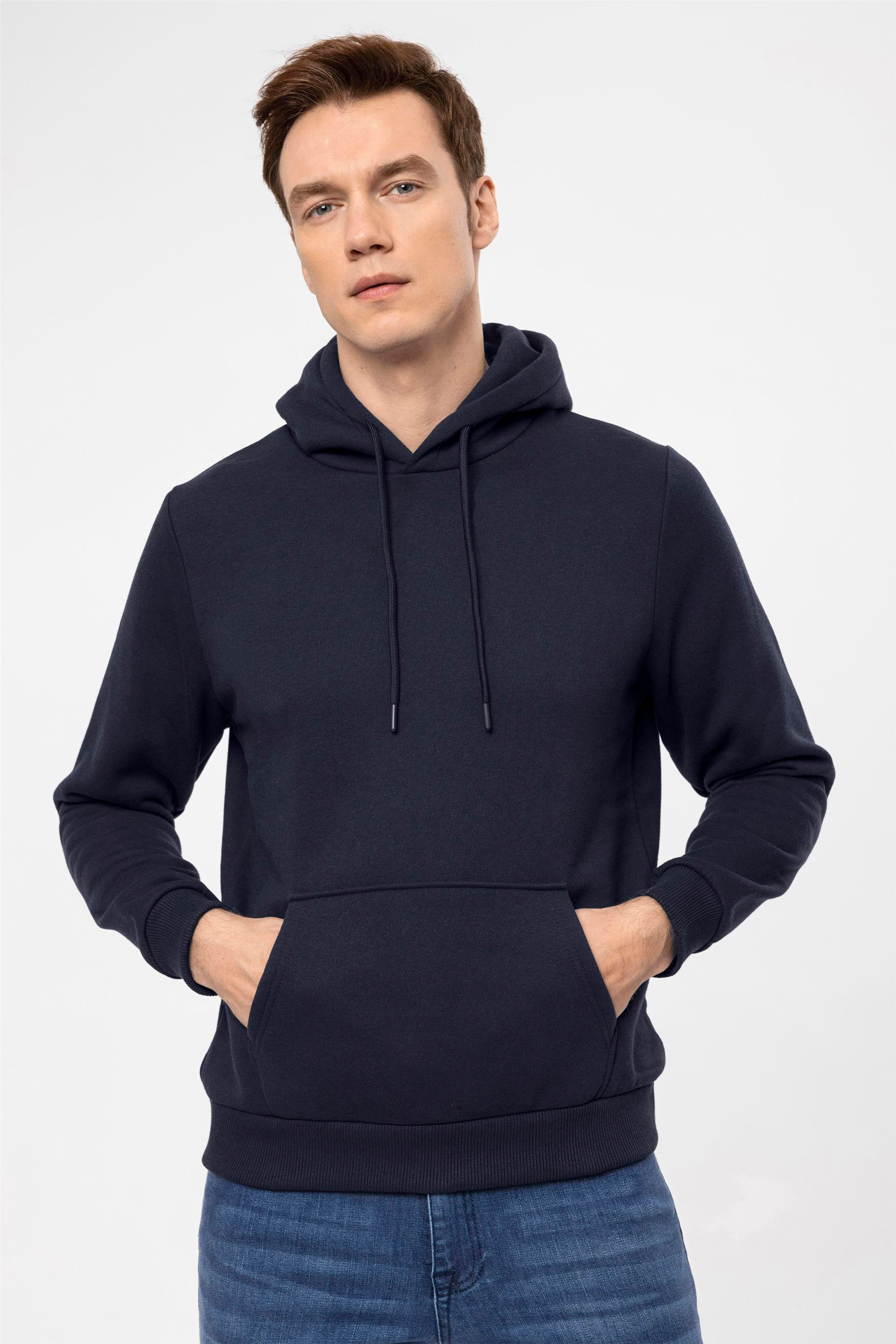 Lacivert Regular Düz Kapişonlu Yaka  Sweatshirt