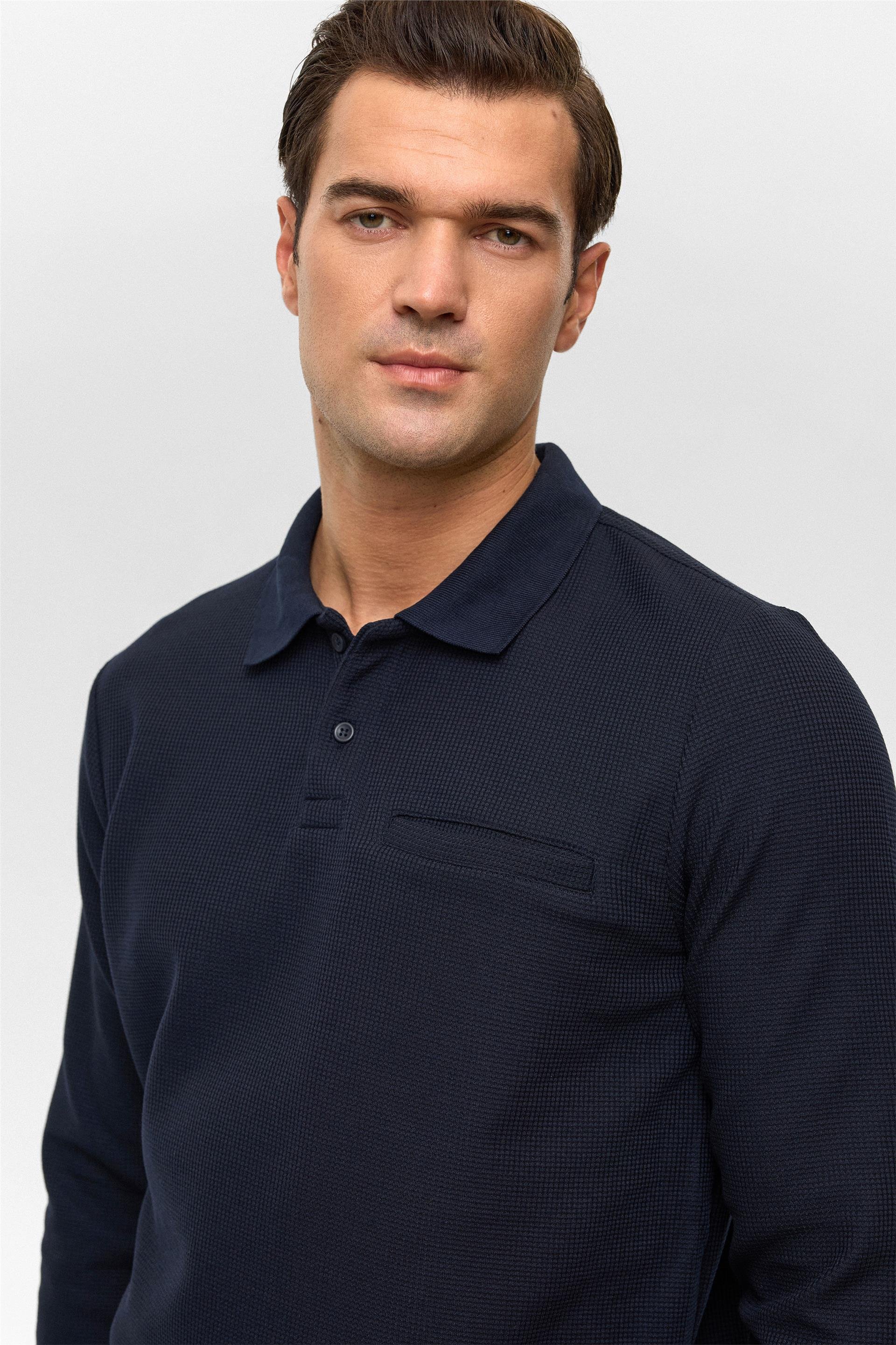 Lacivert Regular Düz Polo Yaka Sweatshirt