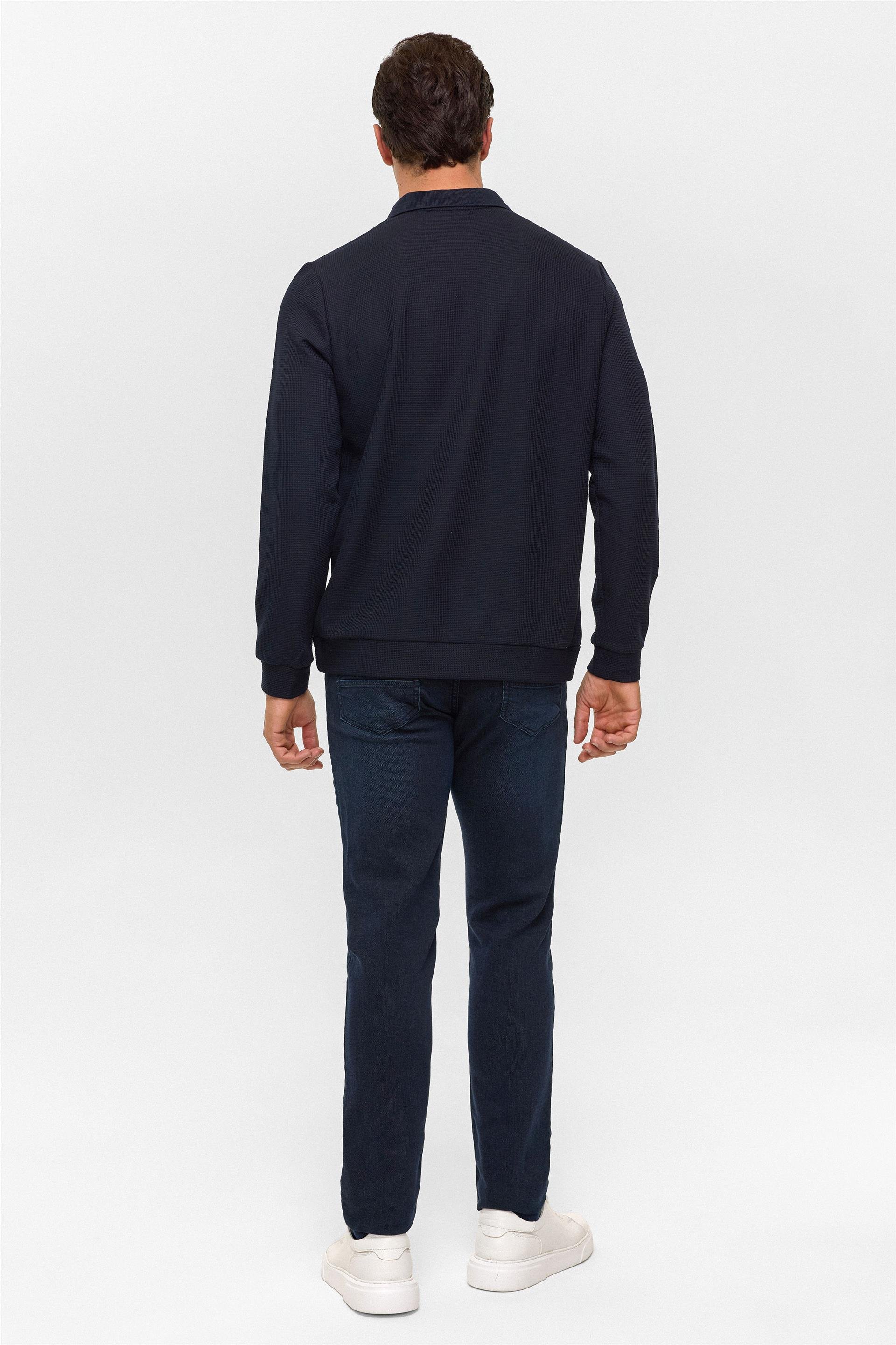 Lacivert Regular Düz Polo Yaka Sweatshirt