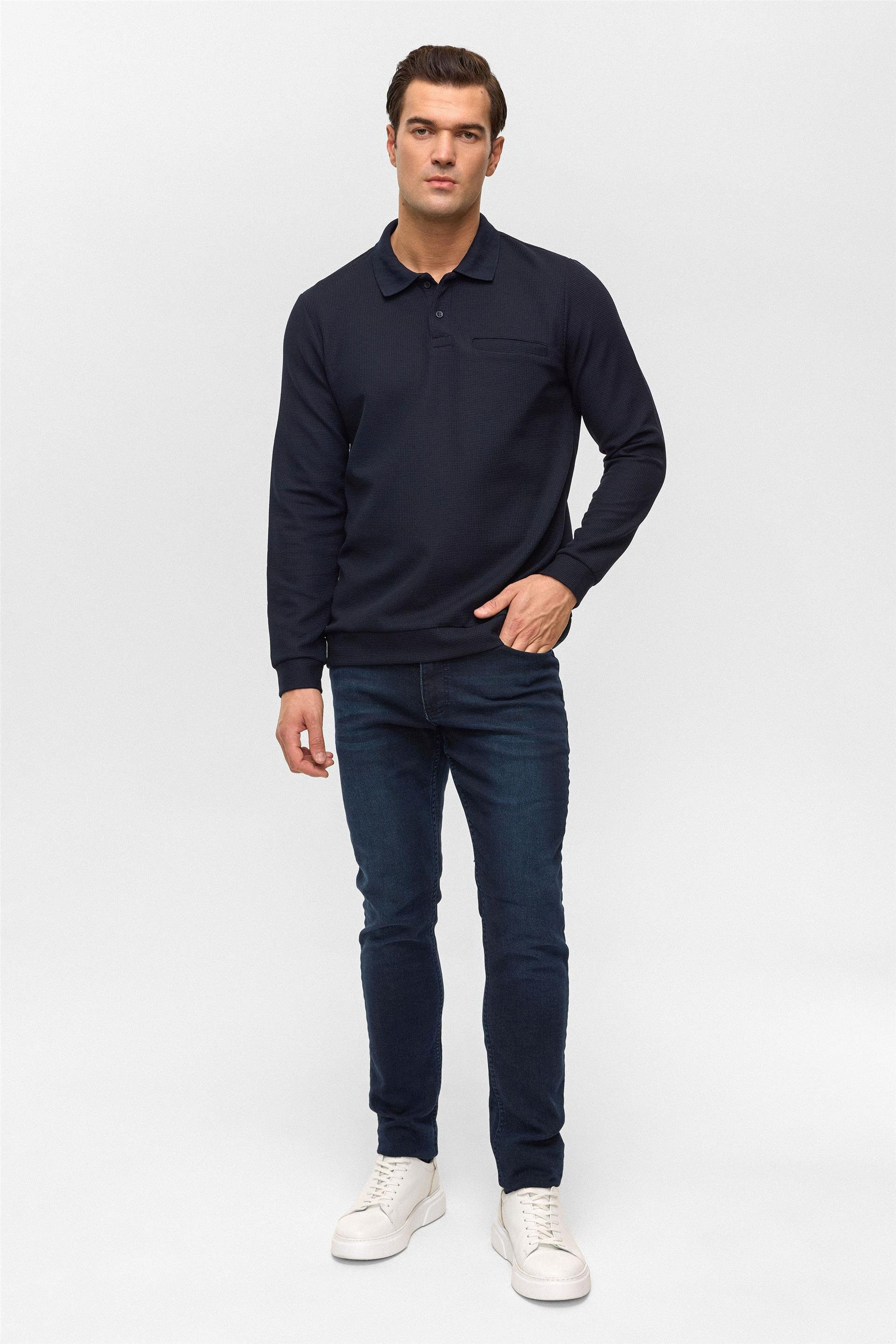 Lacivert Regular Düz Polo Yaka Sweatshirt