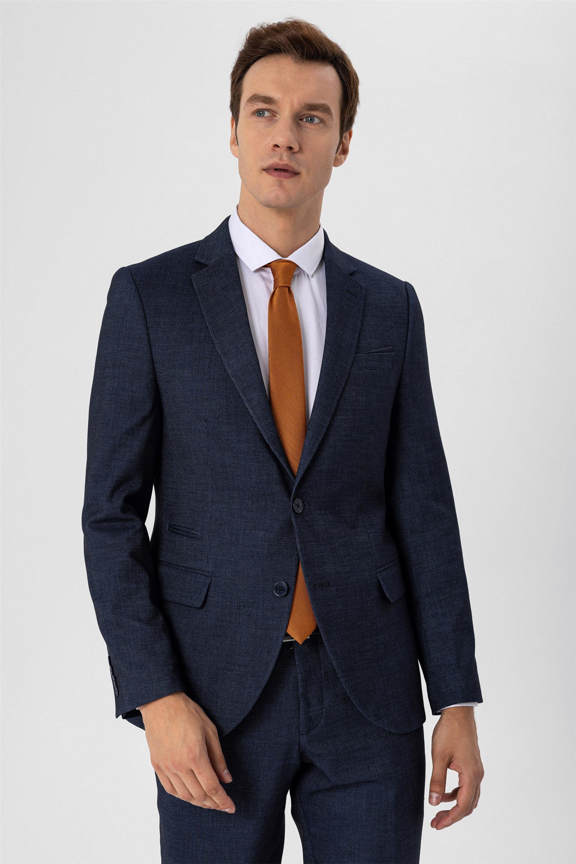 Lacivert Slim Armürlü Mono Yaka 6 Drop                                                       Takım Elbise