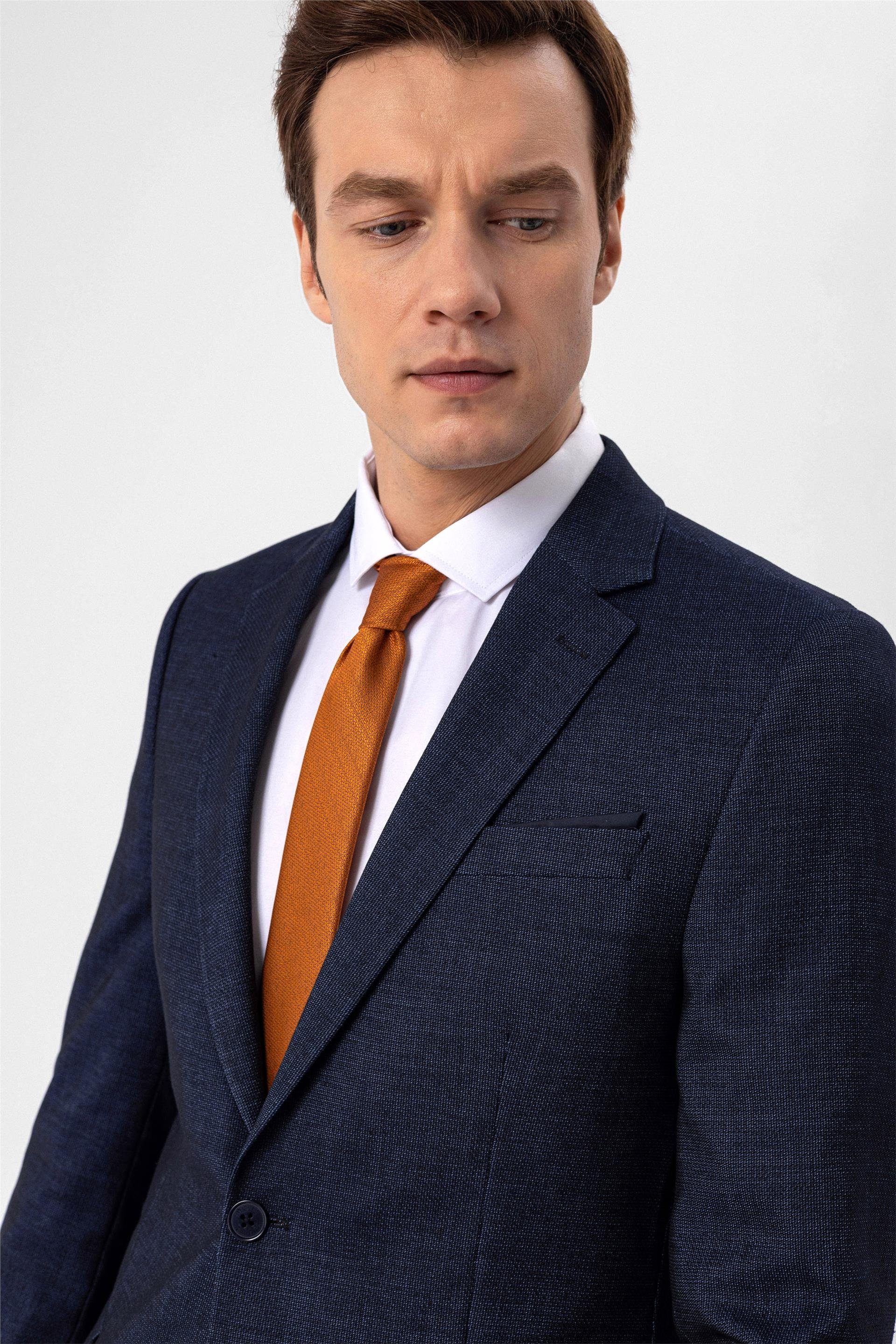 Lacivert Slim Armürlü Mono Yaka 6 Drop                                                       Takım Elbise