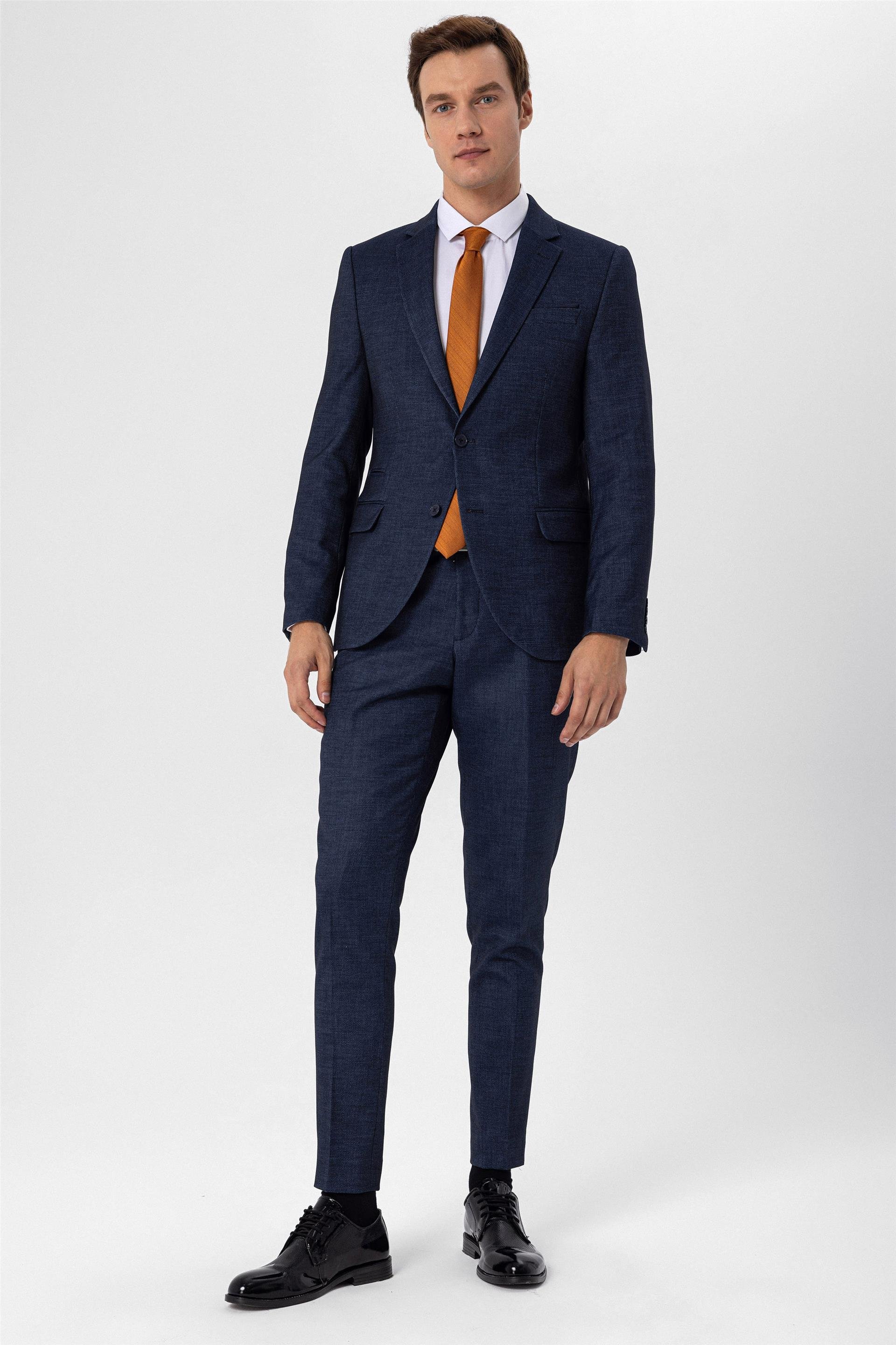 Lacivert Slim Armürlü Mono Yaka 6 Drop                                                       Takım Elbise