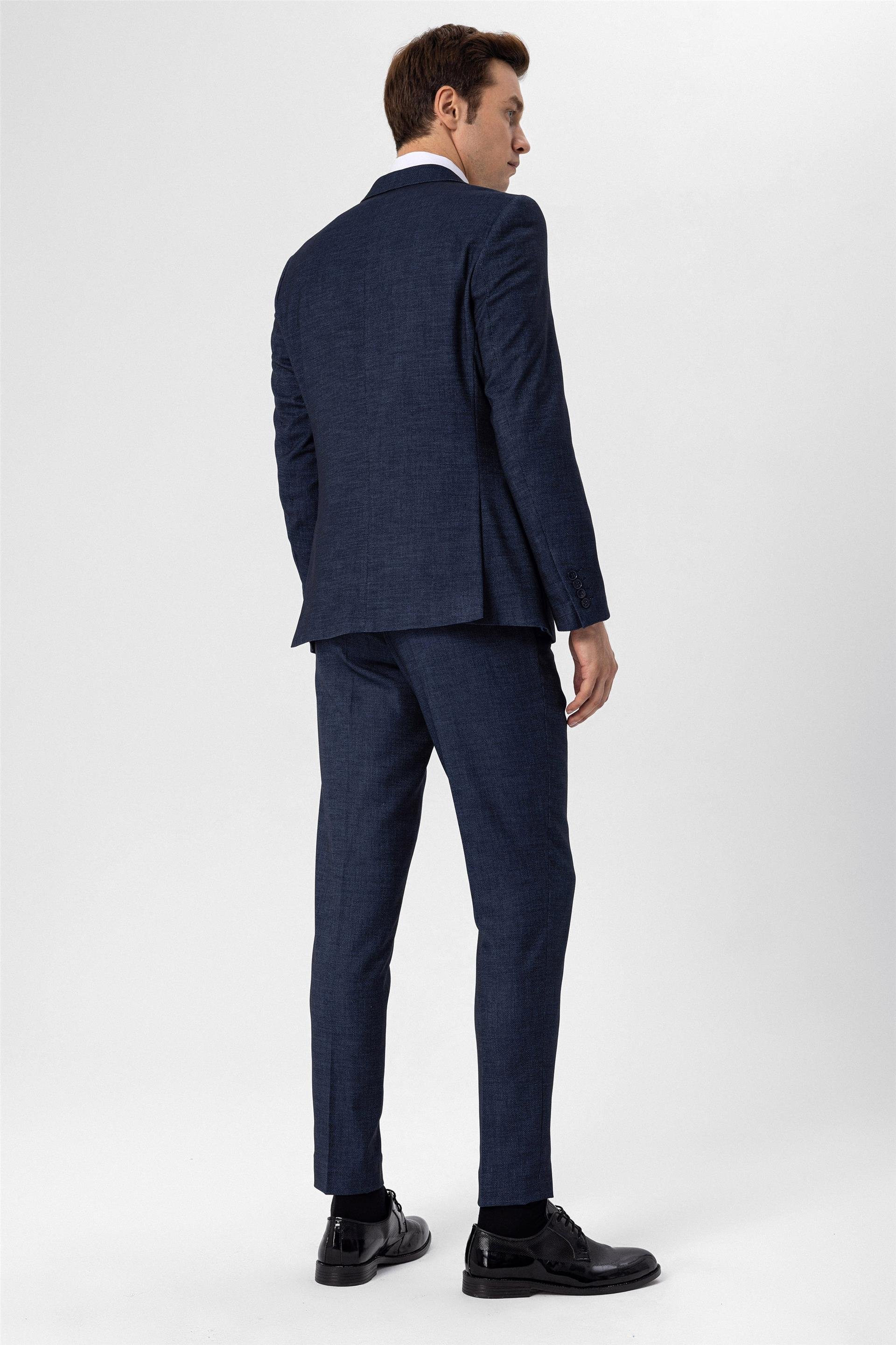 Lacivert Slim Armürlü Mono Yaka 6 Drop                                                       Takım Elbise