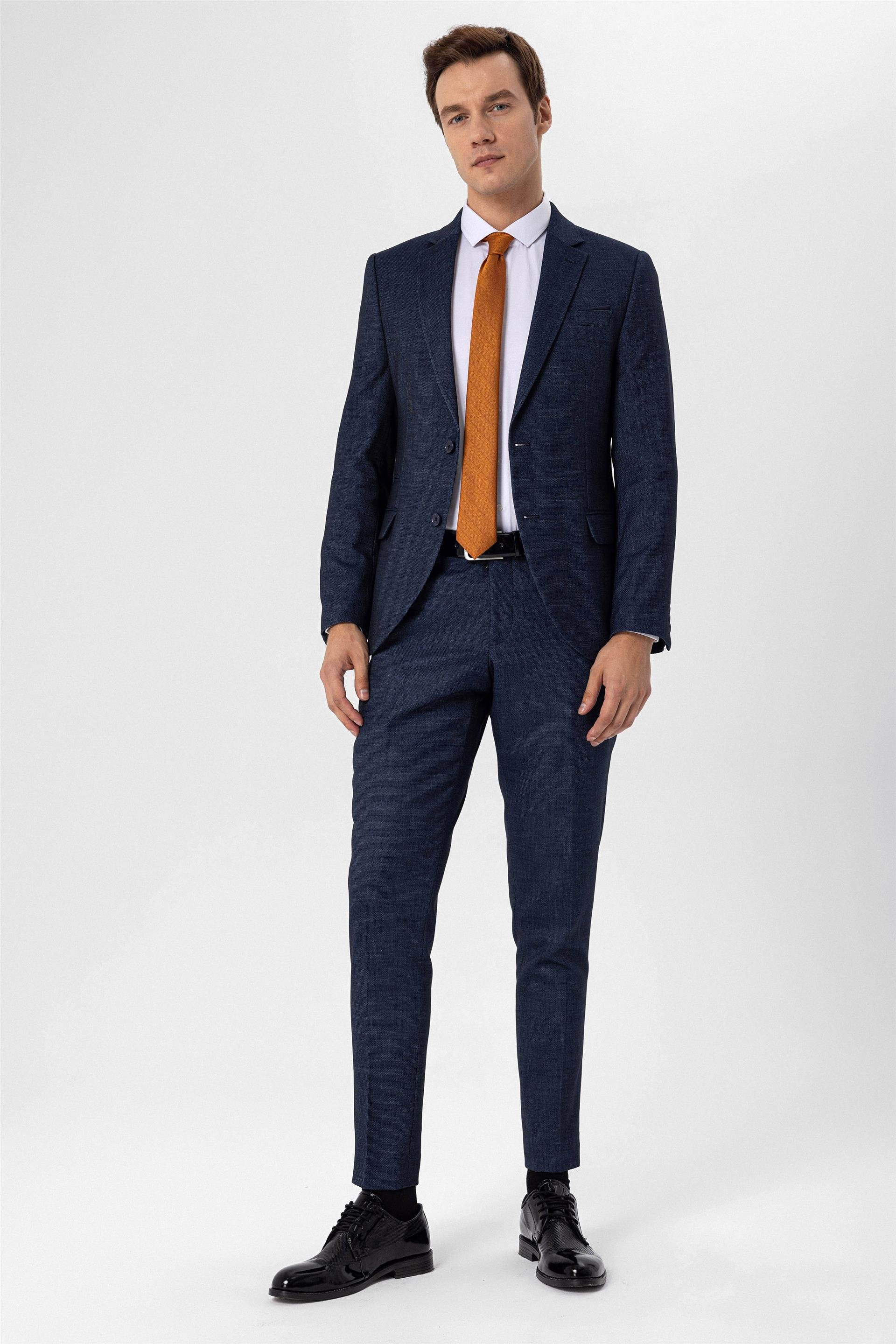 Lacivert Slim Armürlü Mono Yaka 6 Drop                                                       Takım Elbise