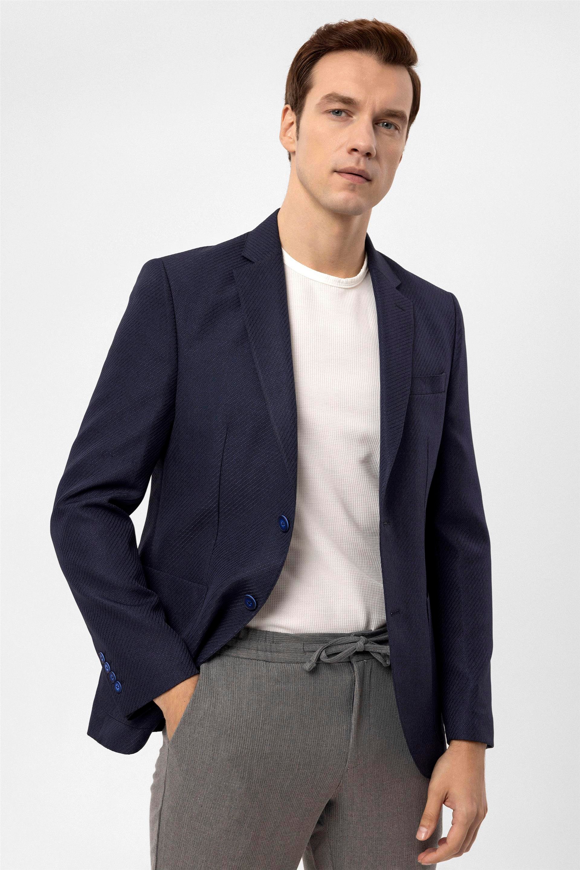 Lacivert Slim Armürlü Mono Yaka 6 Drop                                                       Ceket