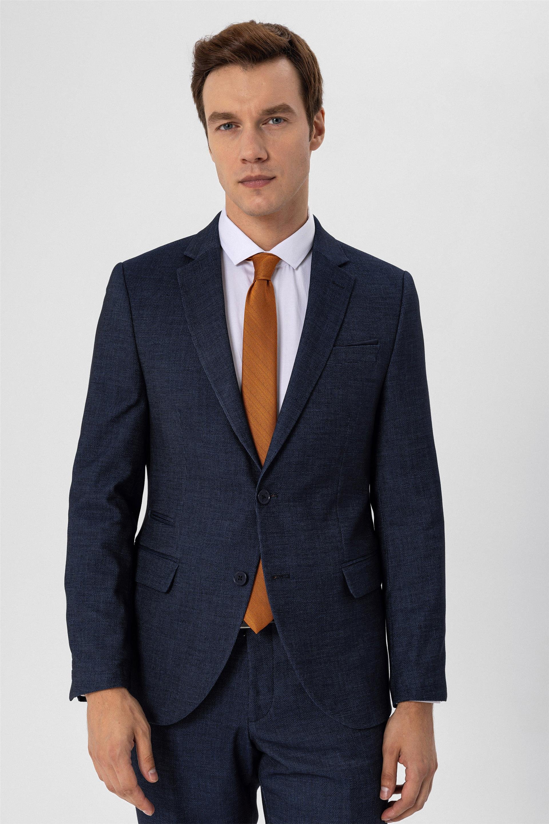 Lacivert Slim Armürlü Mono Yaka 6 Drop                                                       Takım Elbise