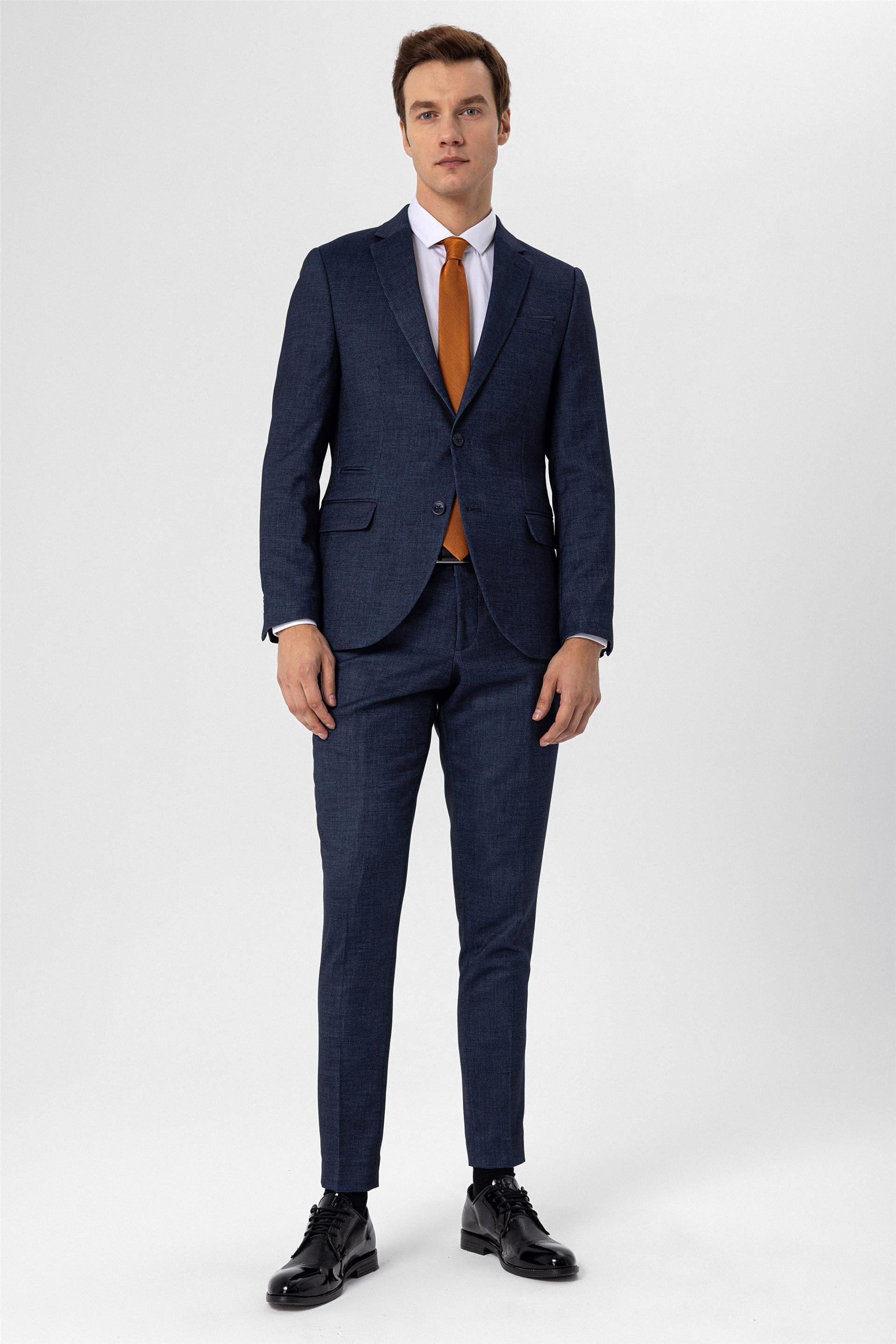 Lacivert Slim Armürlü Mono Yaka 6 Drop                                                       Takım Elbise