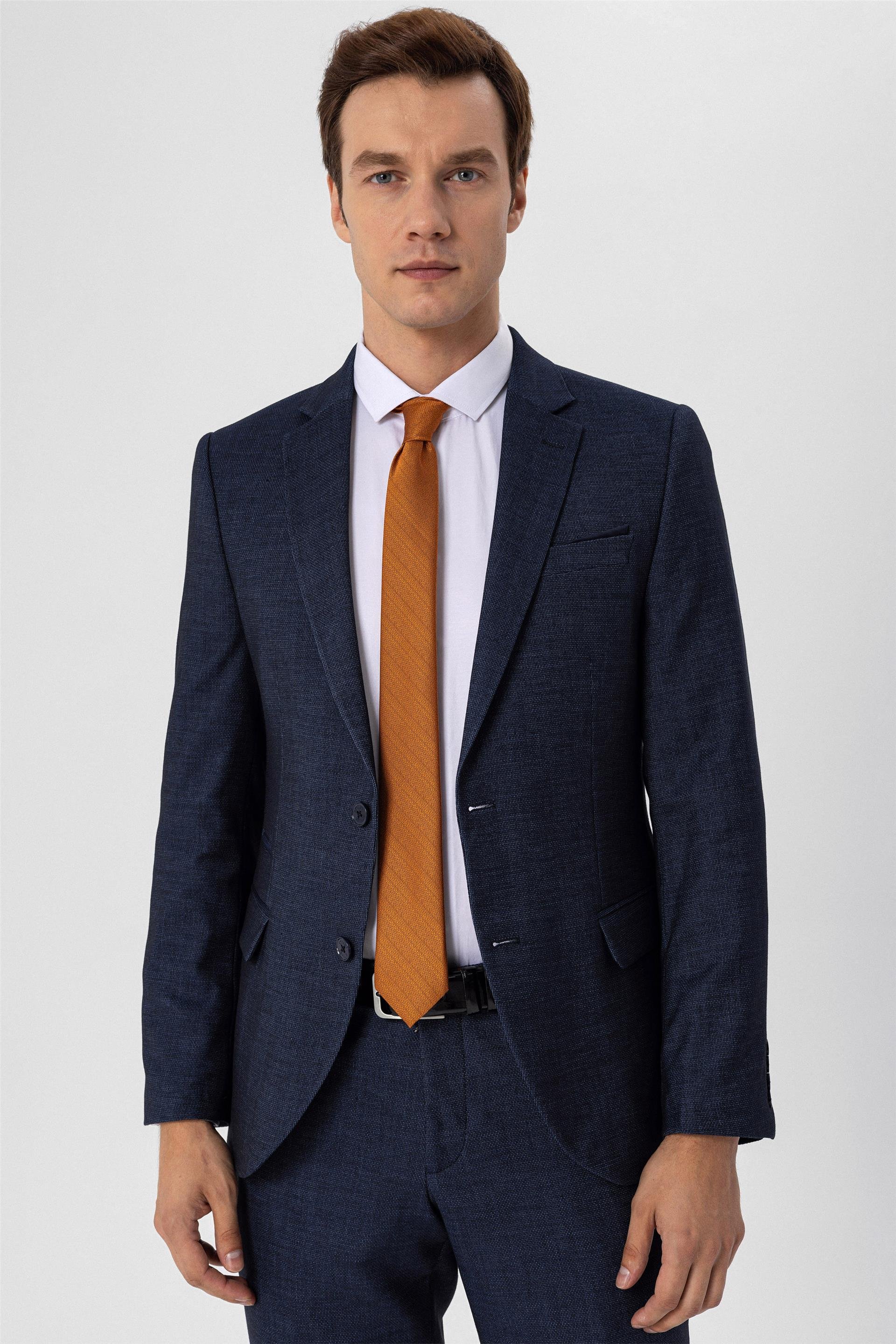 Lacivert Slim Armürlü Mono Yaka 6 Drop                                                       Takım Elbise