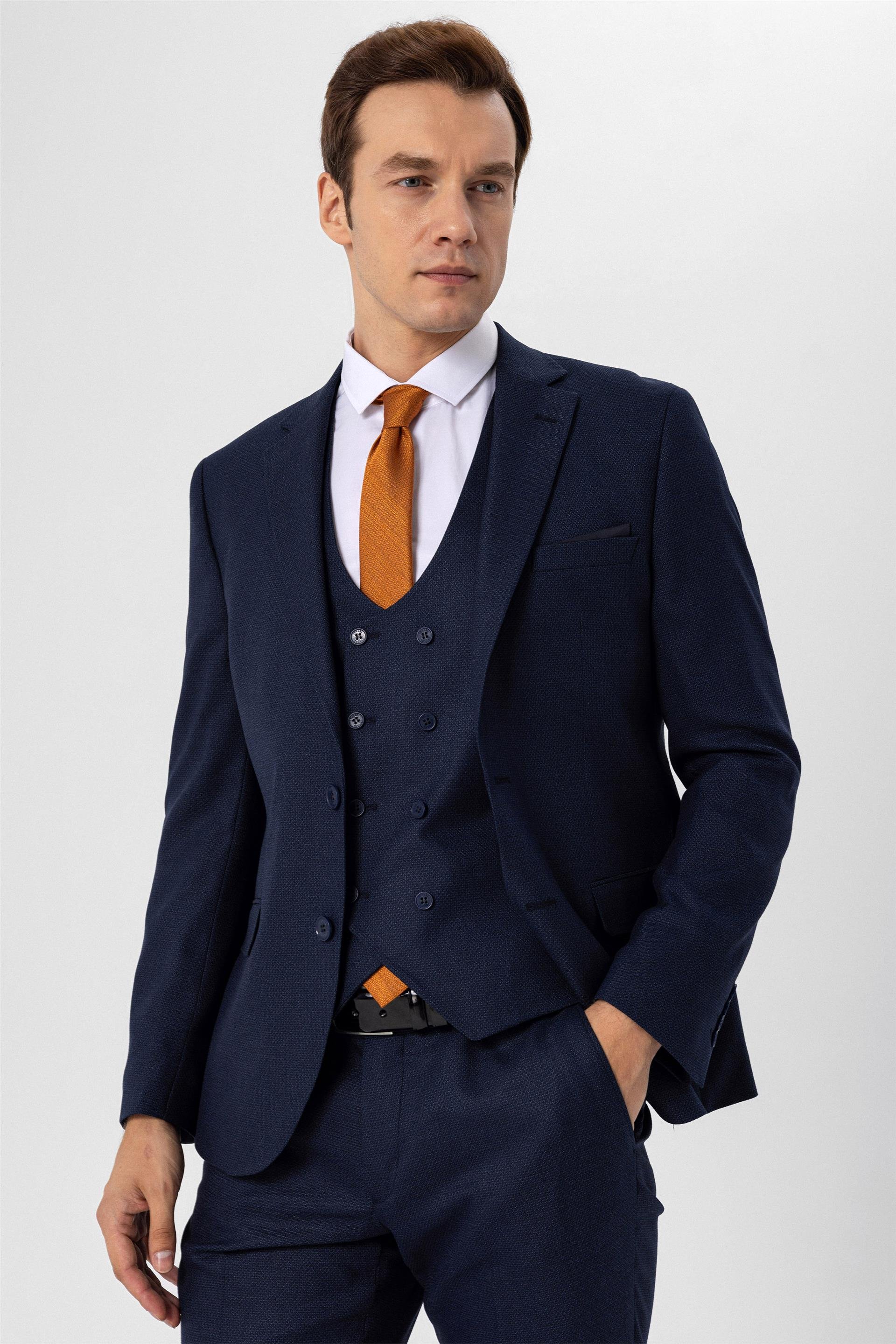 Lacivert Slim Armürlü Mono Yaka 6 Drop                                                       Yelekli Takım Elbise