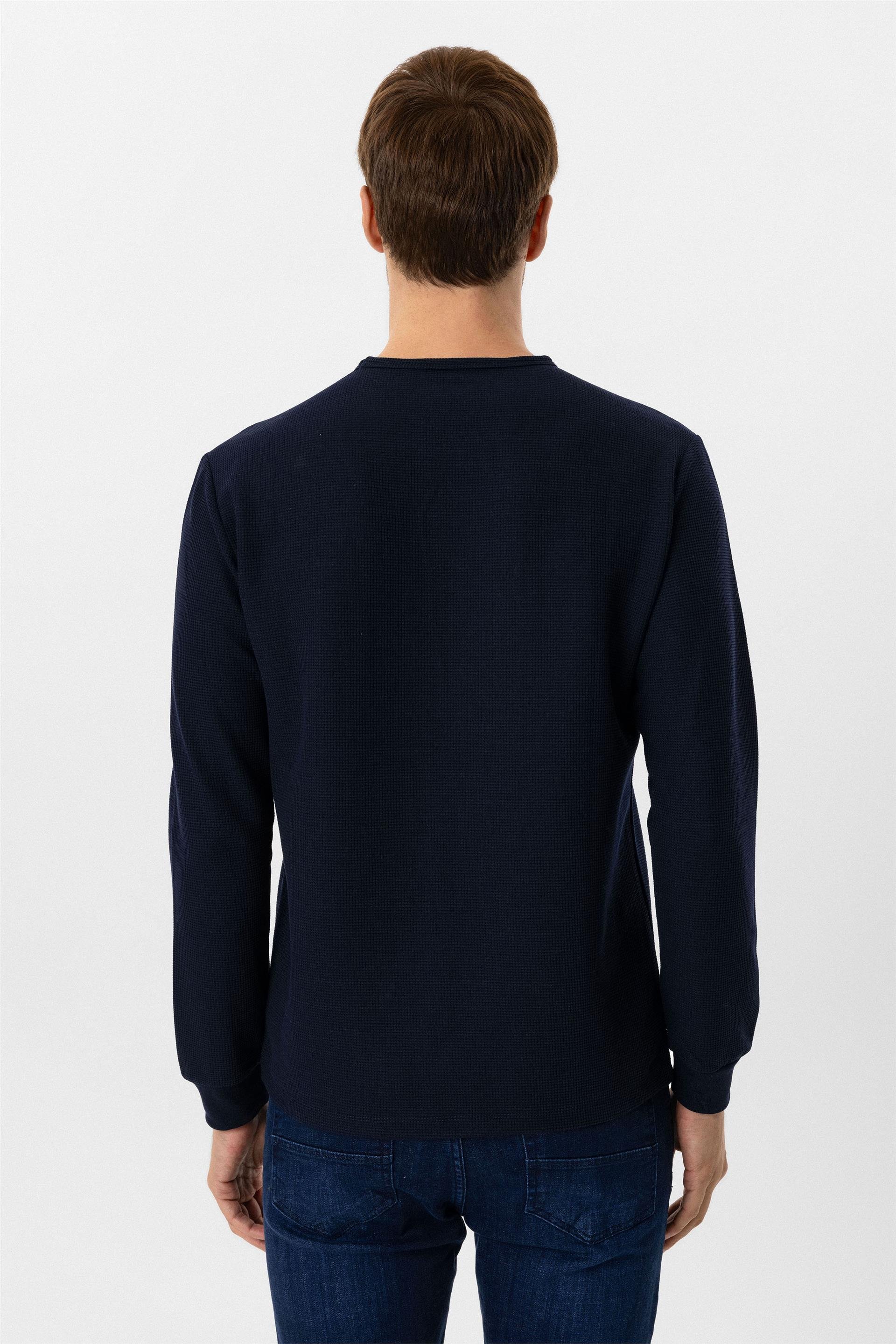 Lacivert Slim Armürlü O Yaka Sweatshirt