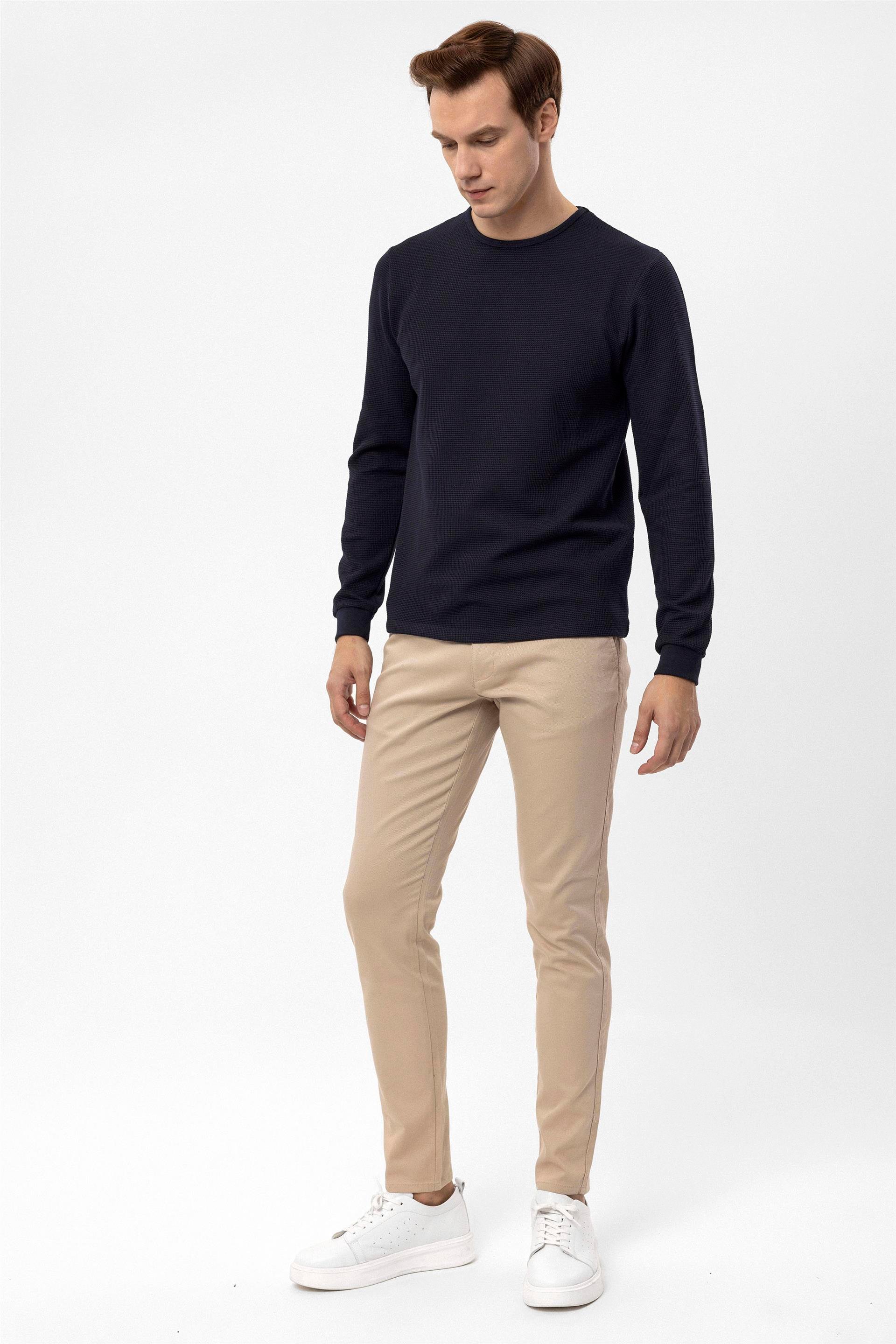 Lacivert Slim Armürlü O Yaka  Sweatshirt