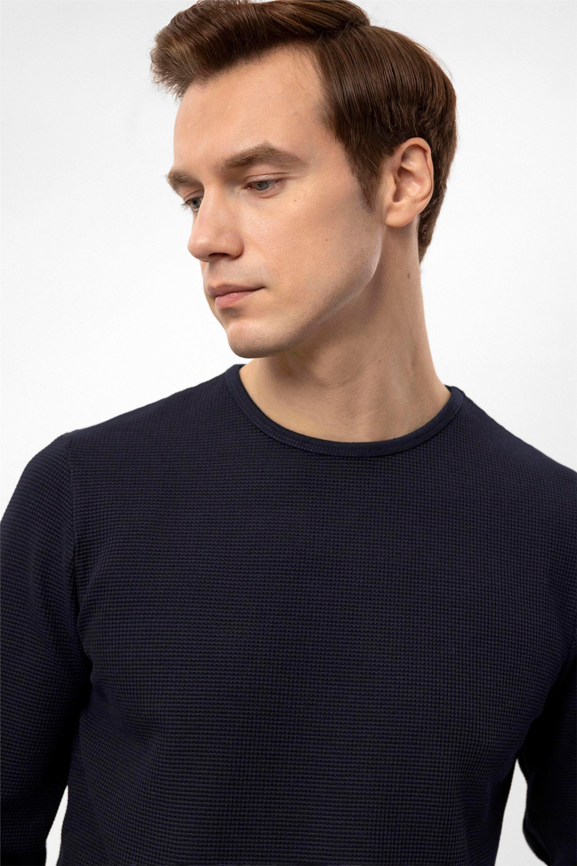 Lacivert Slim Armürlü O Yaka  Sweatshirt