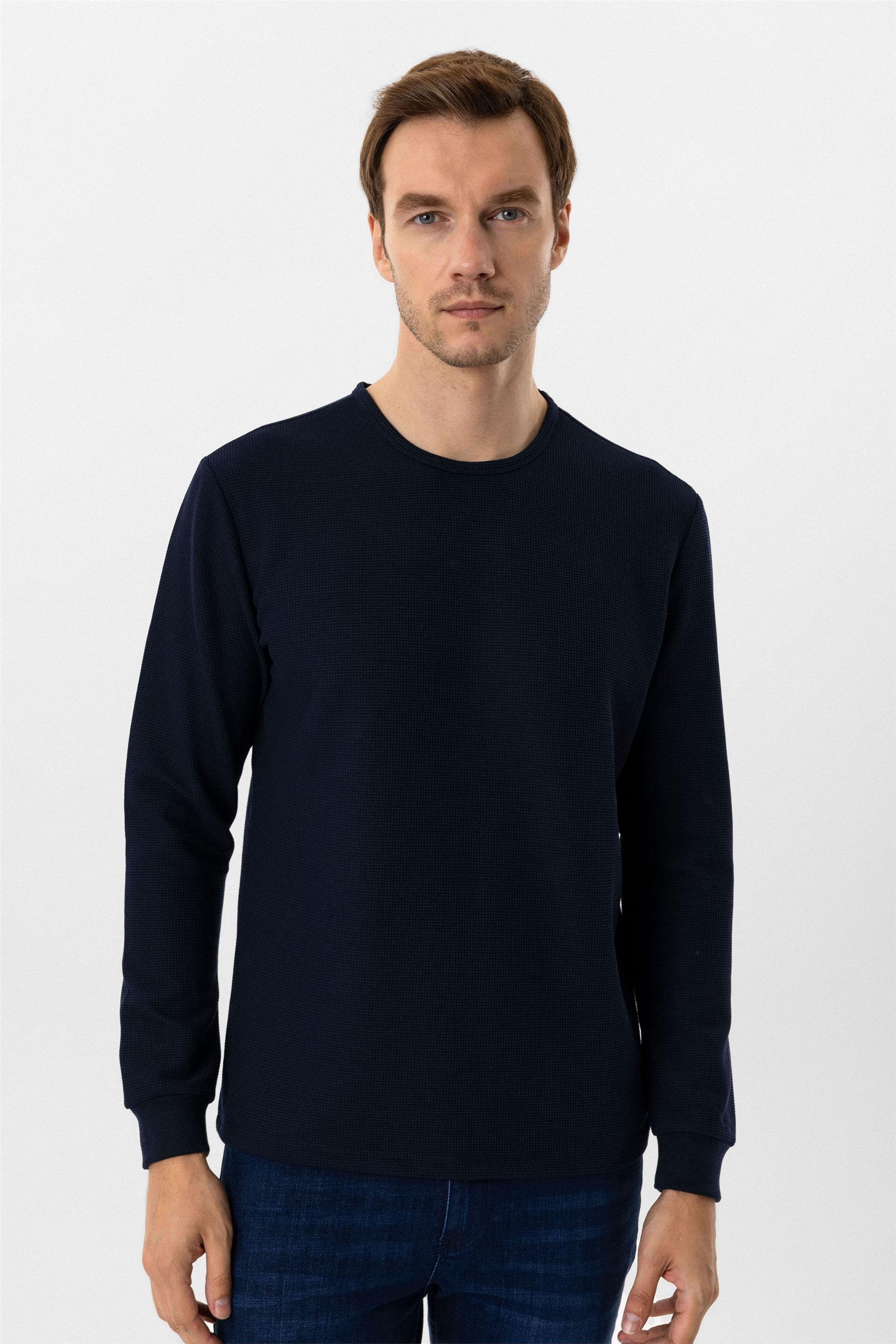 Lacivert Slim Armürlü O Yaka Sweatshirt