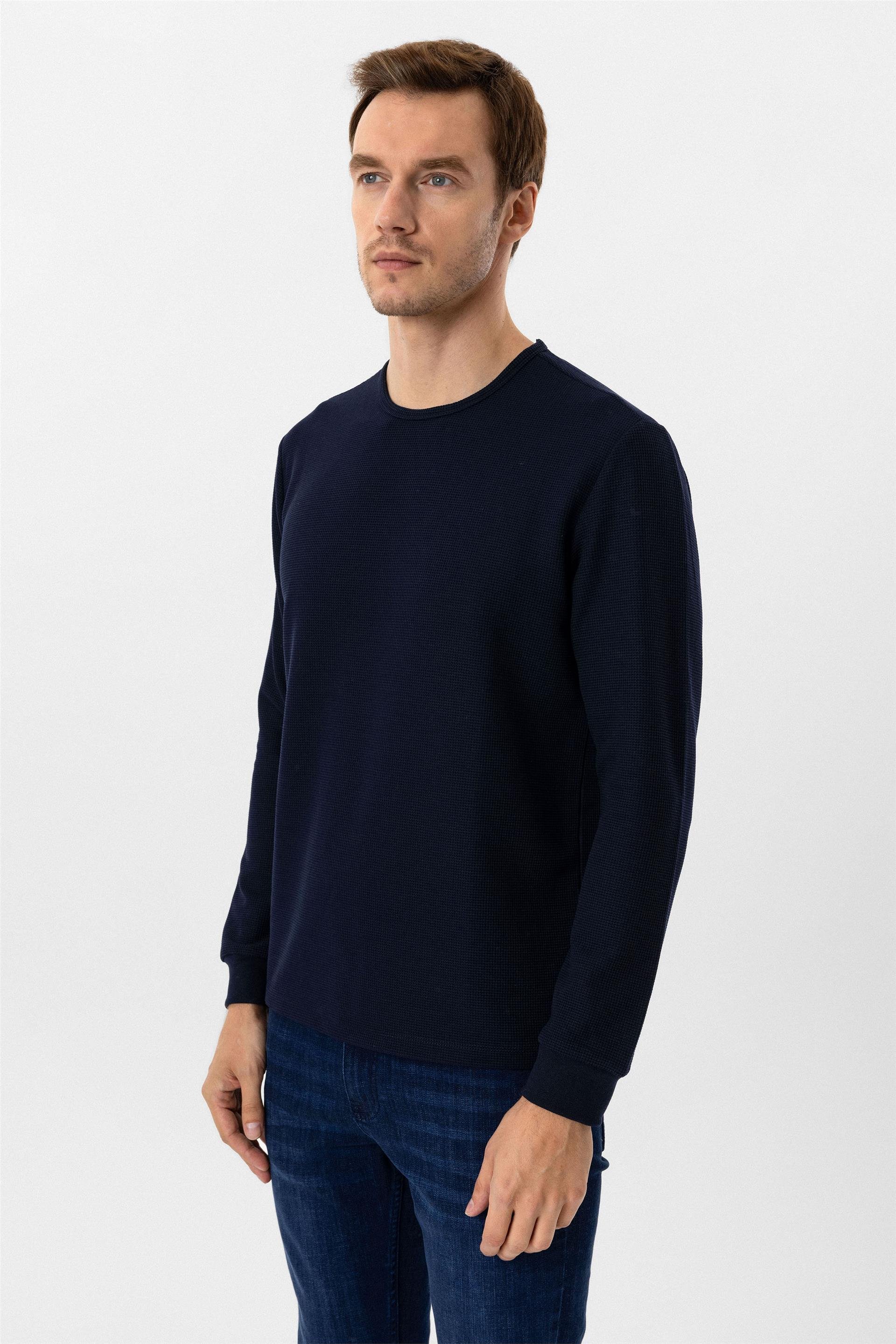 Lacivert Slim Armürlü O Yaka Sweatshirt