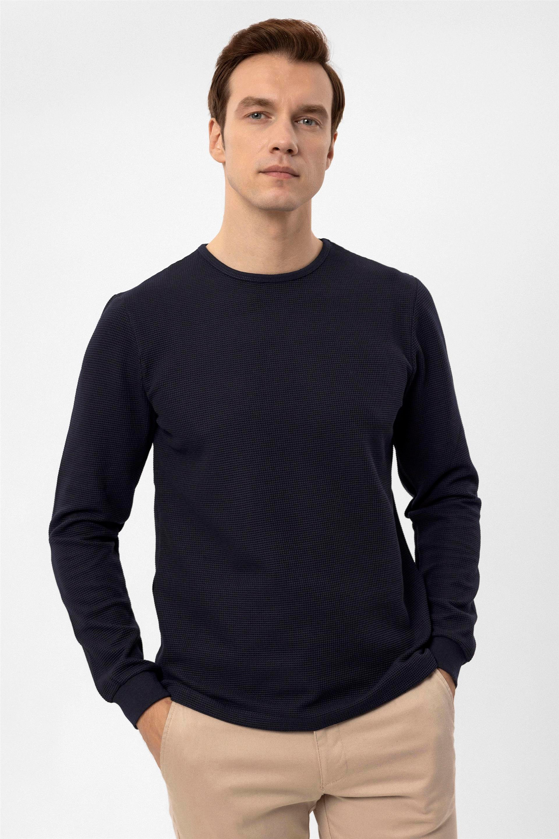Lacivert Slim Armürlü O Yaka  Sweatshirt