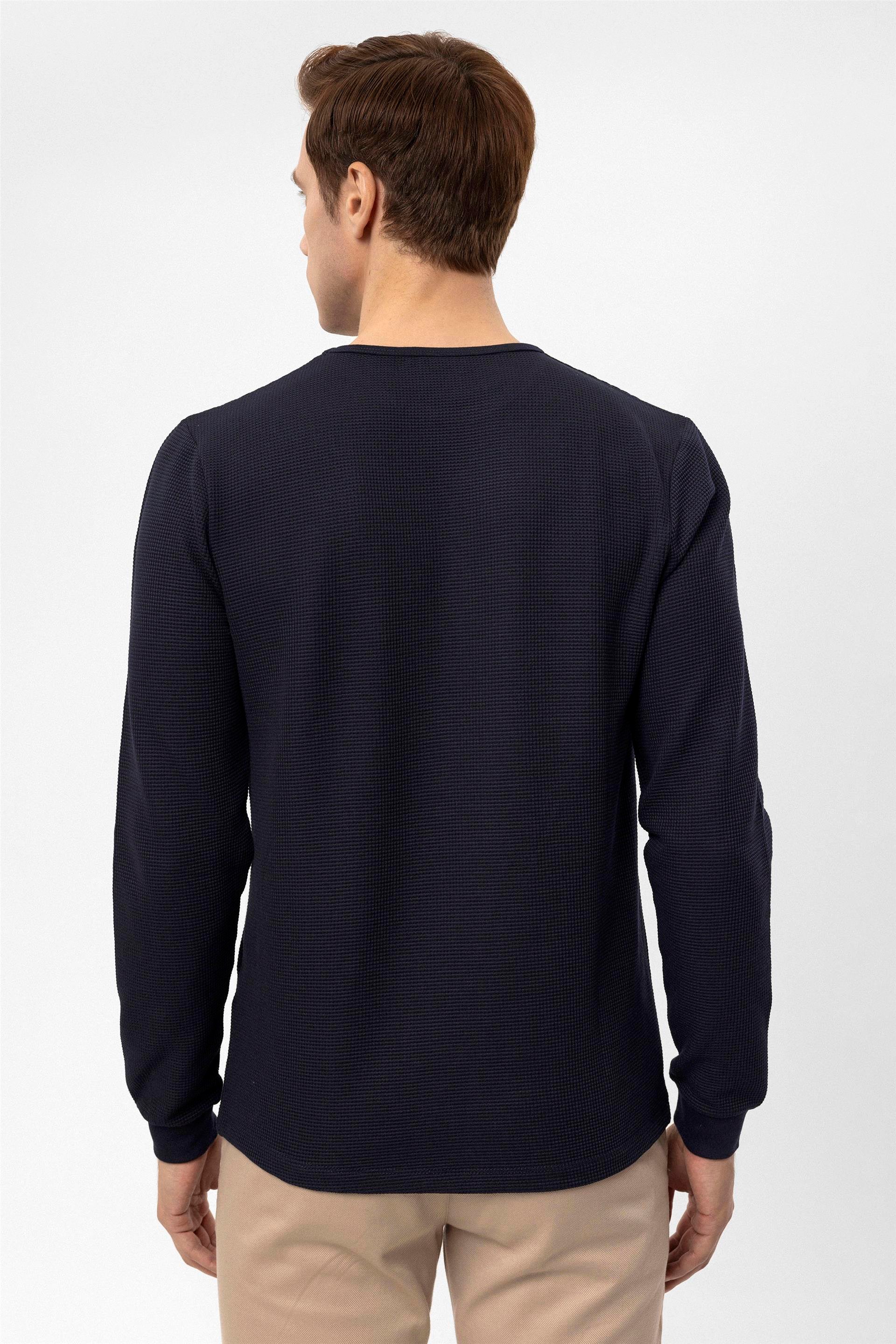 Lacivert Slim Armürlü O Yaka  Sweatshirt