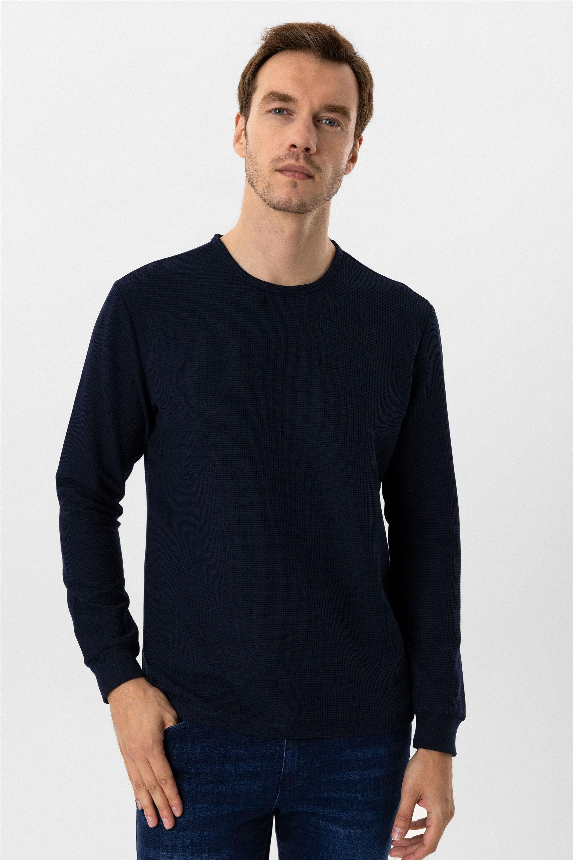 Lacivert Slim Armürlü O Yaka Sweatshirt