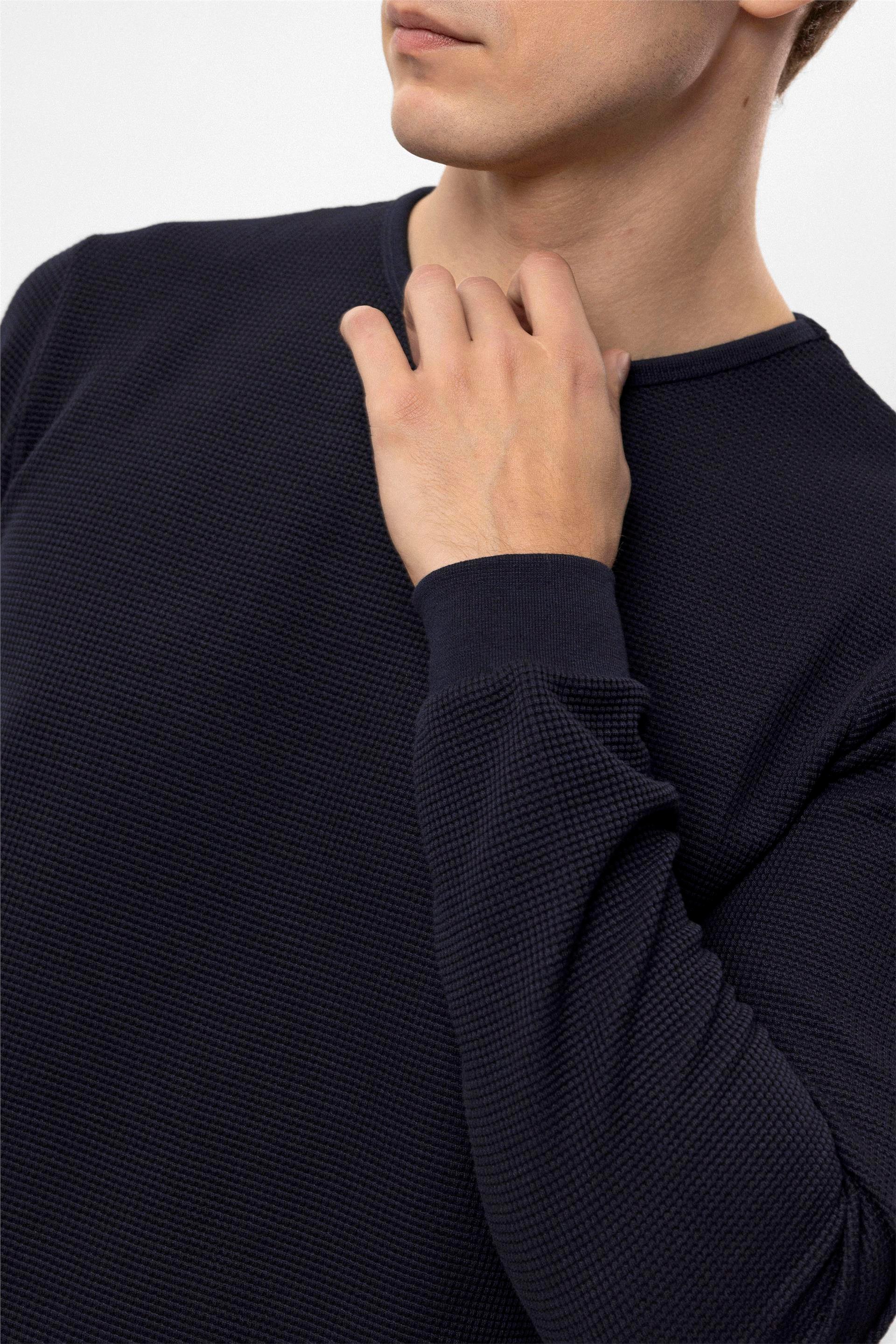 Lacivert Slim Armürlü O Yaka  Sweatshirt