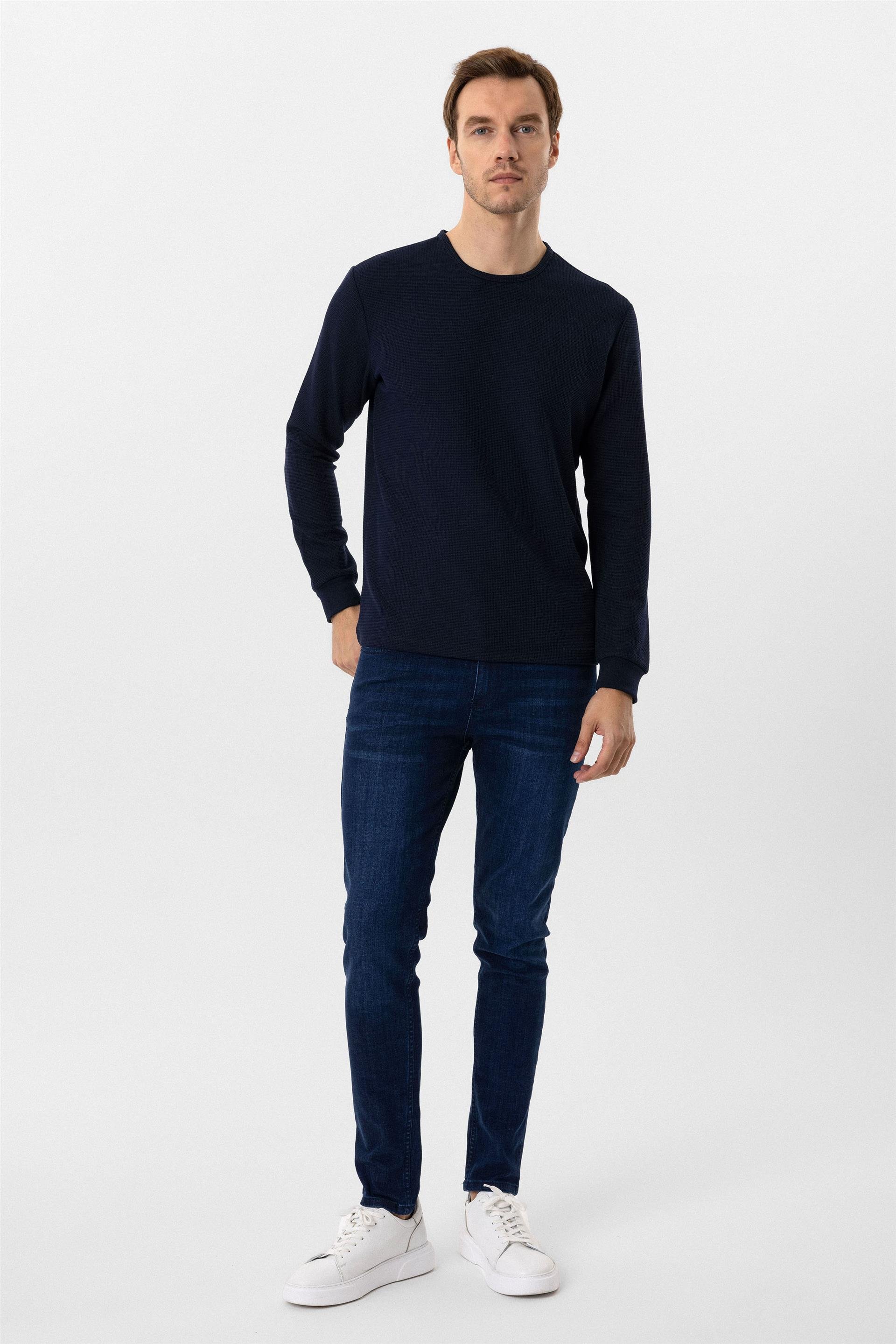 Lacivert Slim Armürlü O Yaka Sweatshirt