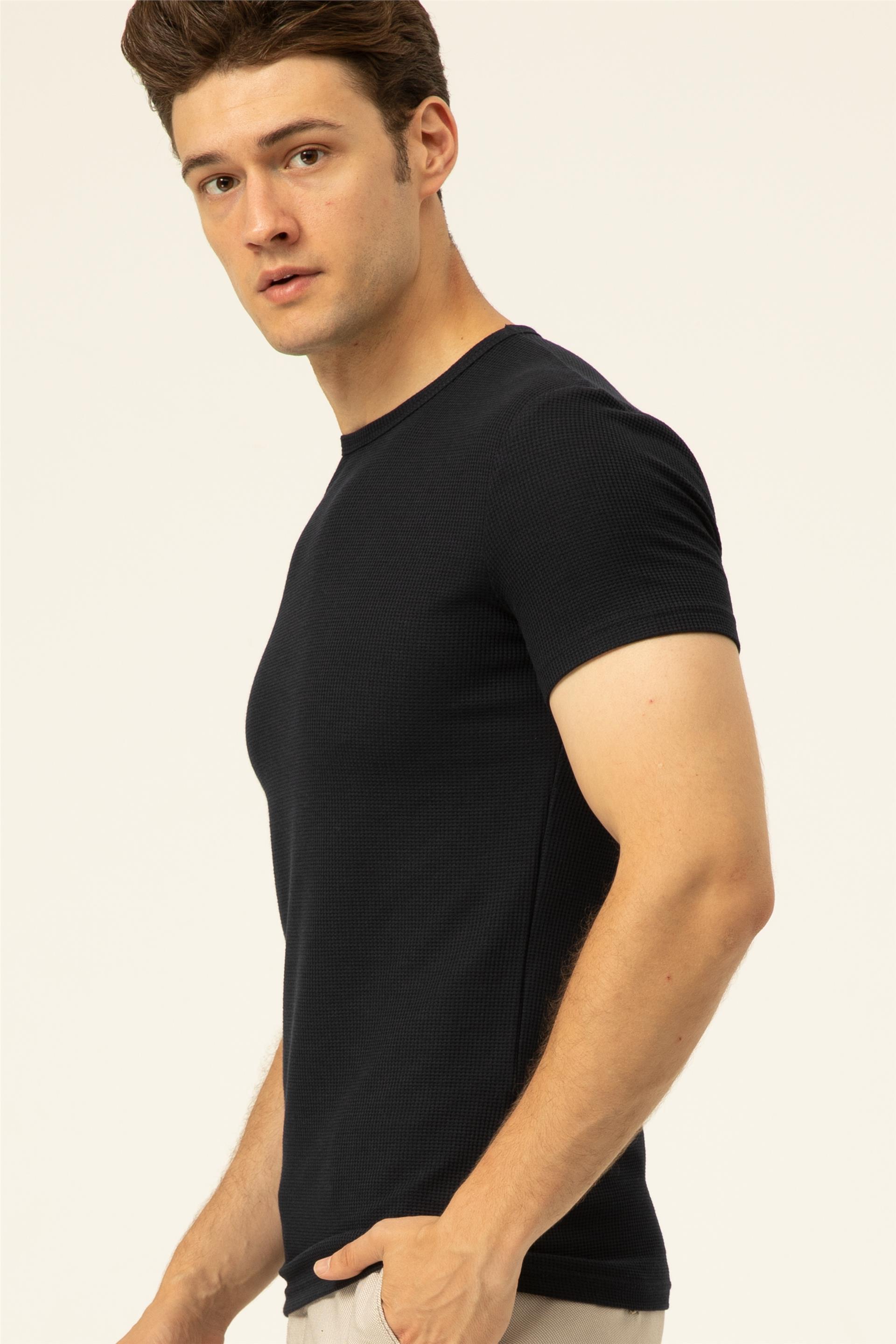 Lacivert Slim Armürlü O Yaka  Tişört