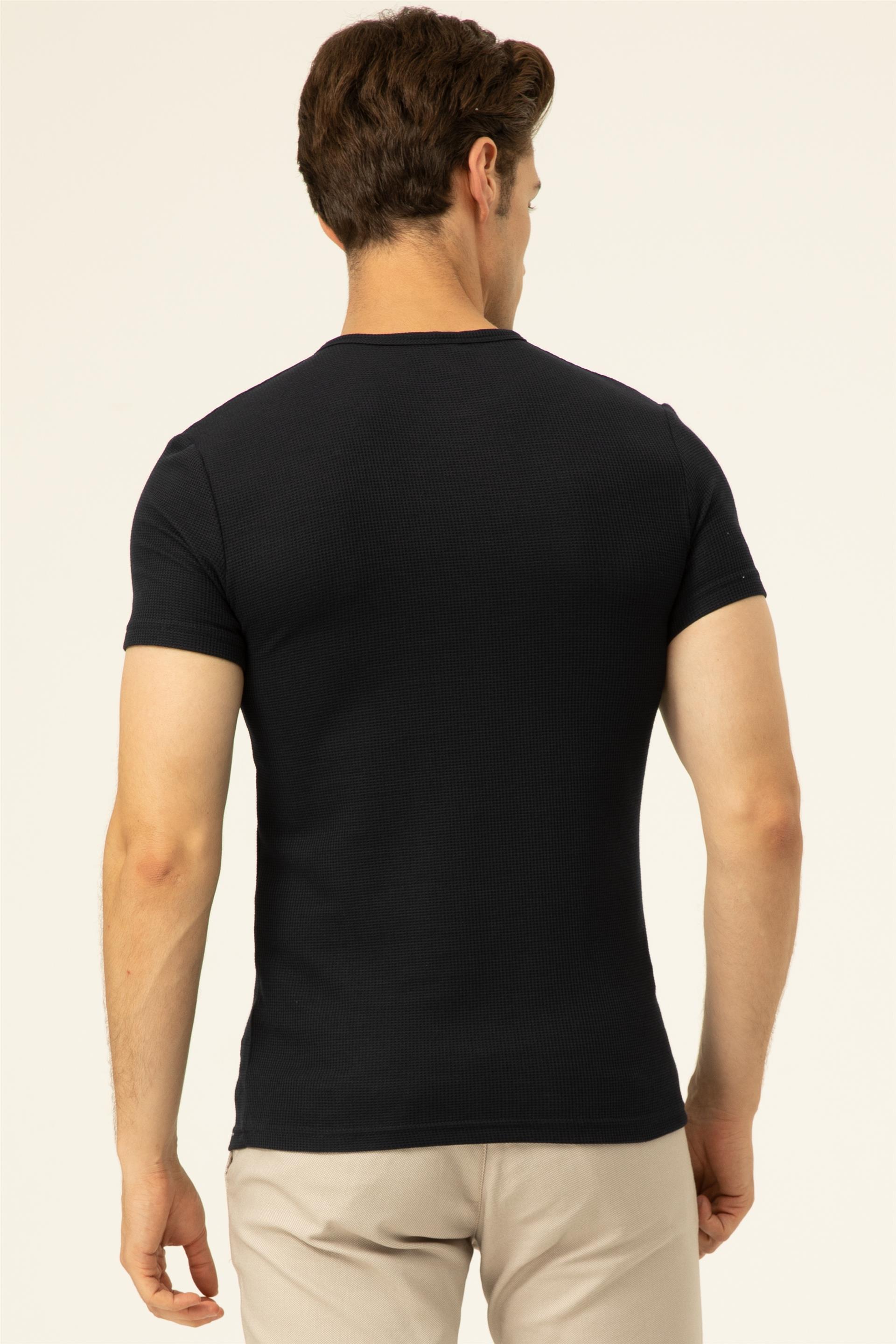 Lacivert Slim Armürlü O Yaka  Tişört