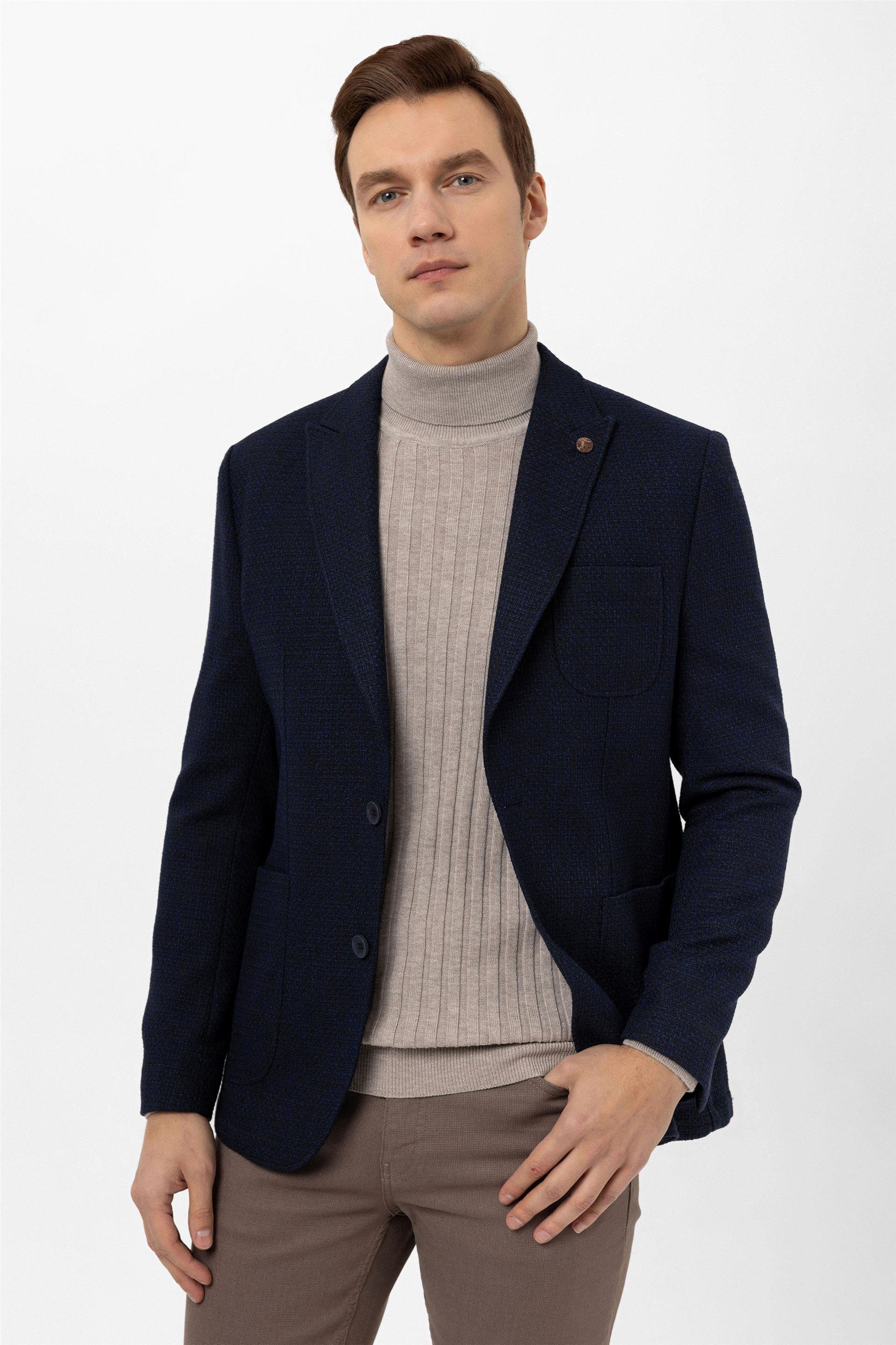Lacivert Slim Armürlü Sivri Yaka 6 Drop Ceket