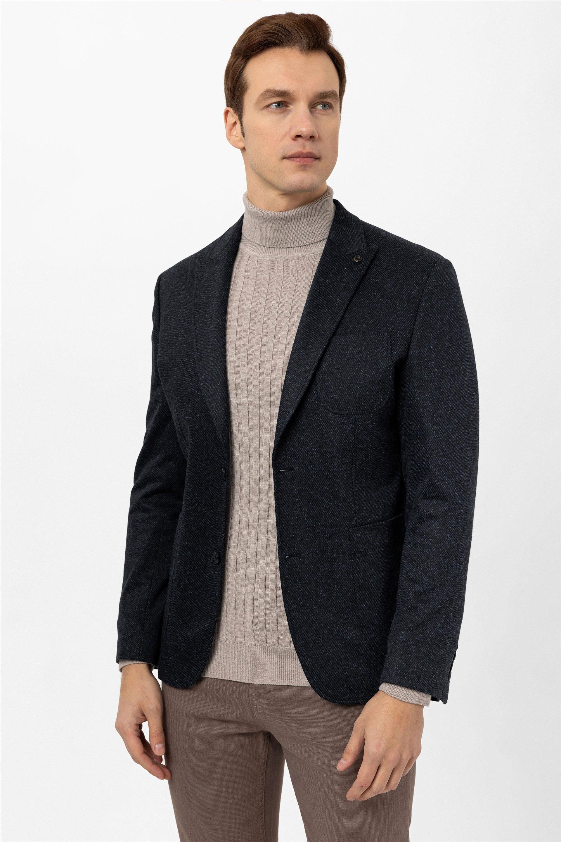 Lacivert Slim Armürlü Sivri Yaka 6 Drop                                                       Ceket