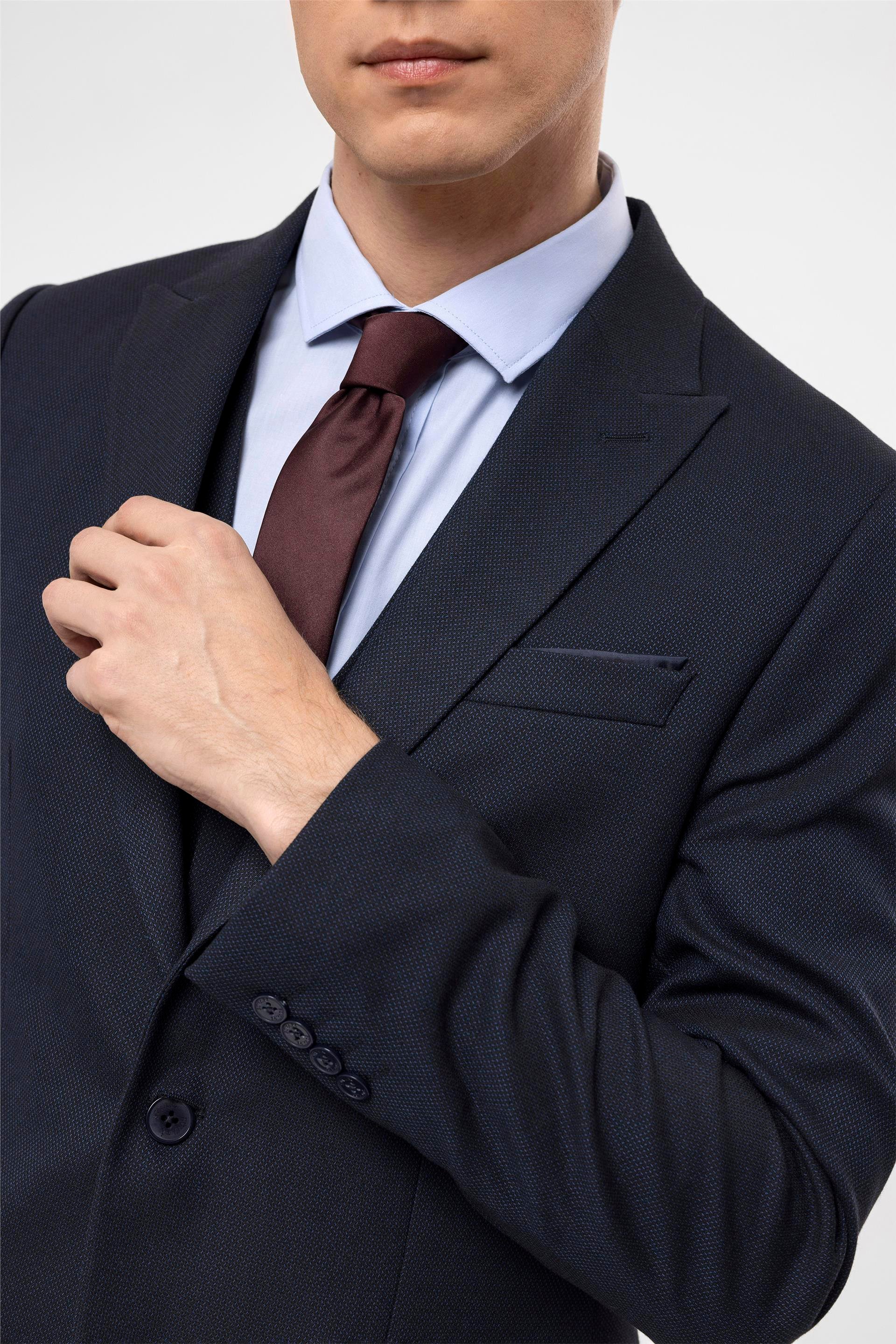 Lacivert Slim Armürlü Sivri Yaka 6 Drop                                                       Yelekli Takım Elbise