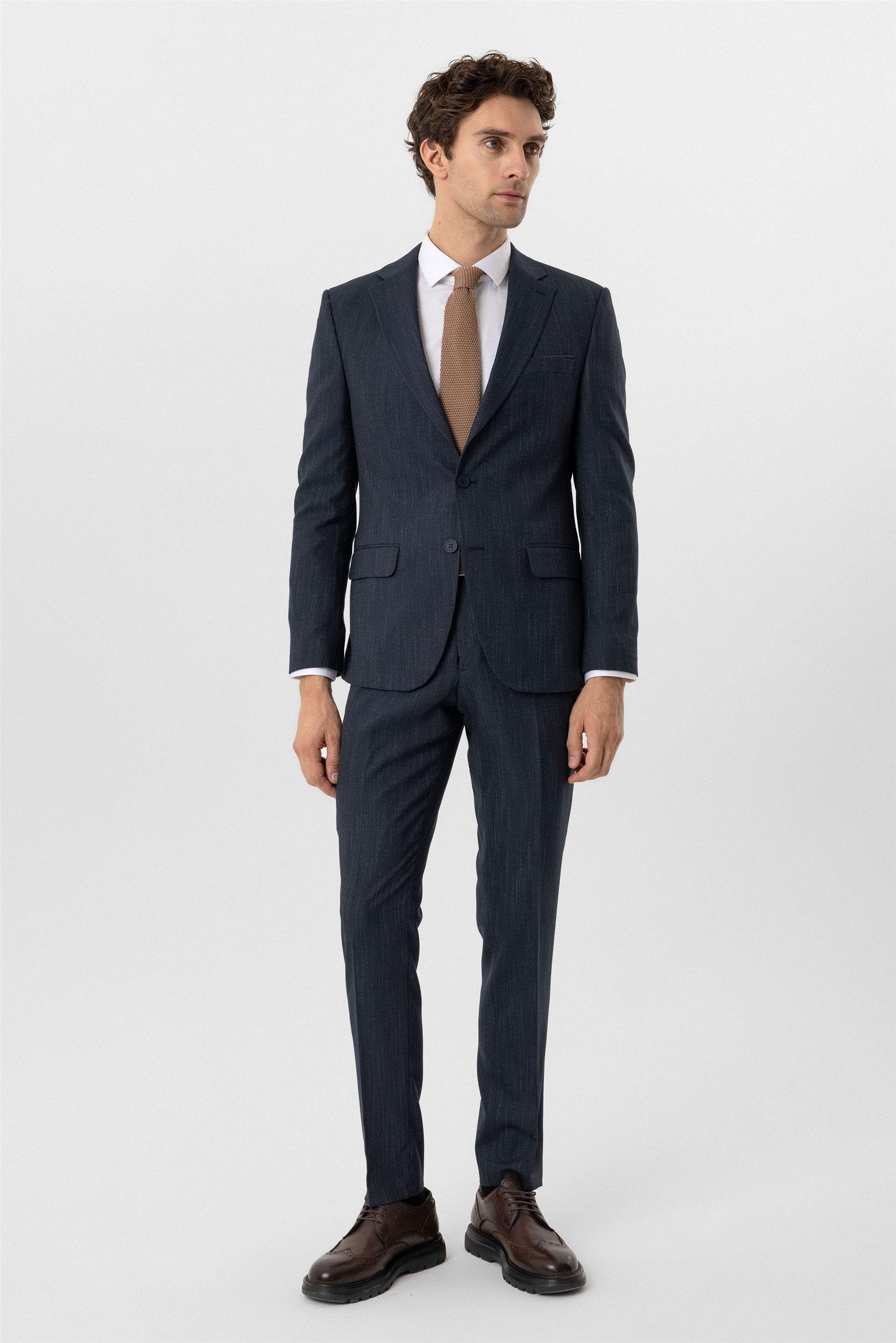 Lacivert Slim Desenli Mono Yaka 6 Drop Takım Elbise