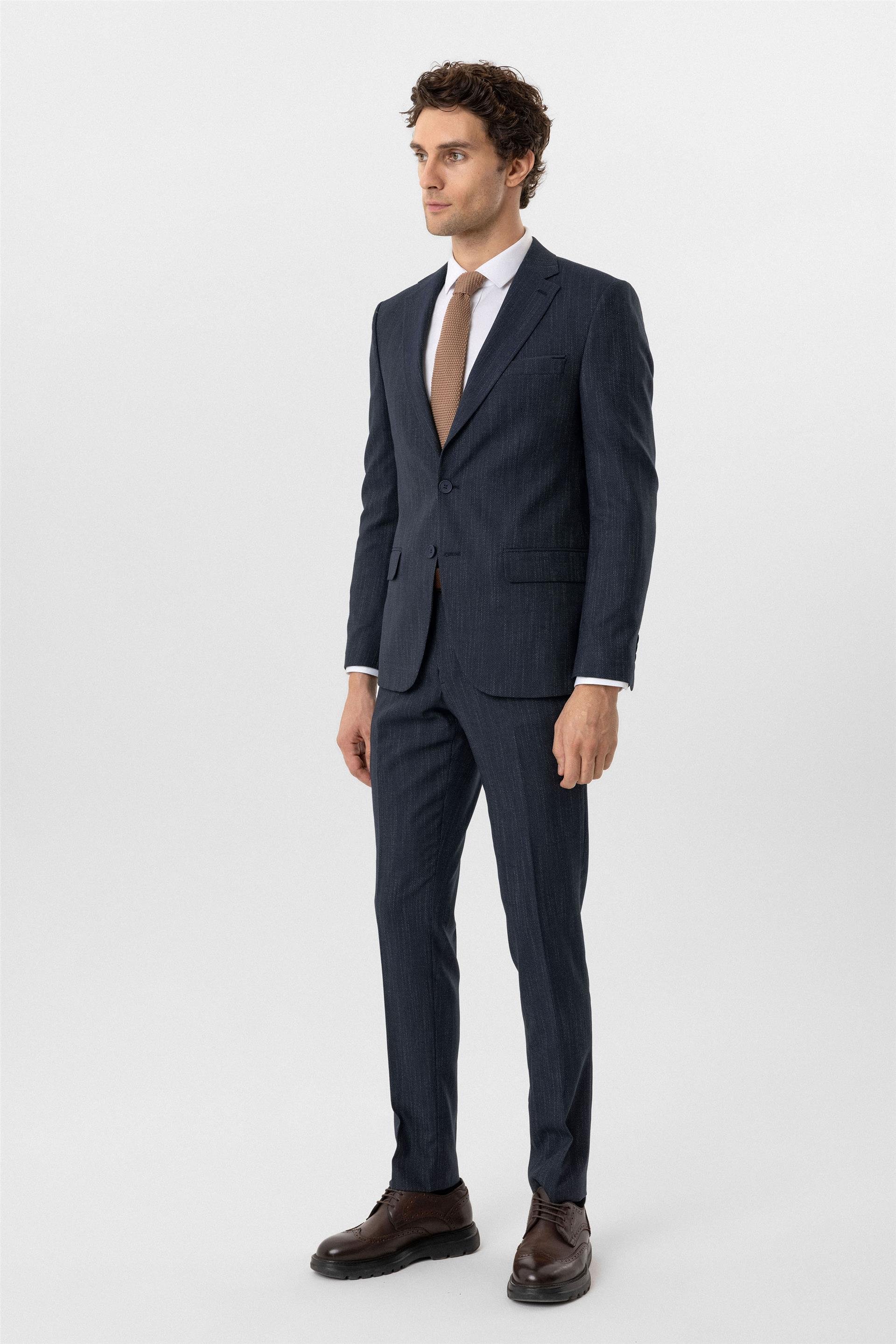 Lacivert Slim Desenli Mono Yaka 6 Drop Takım Elbise