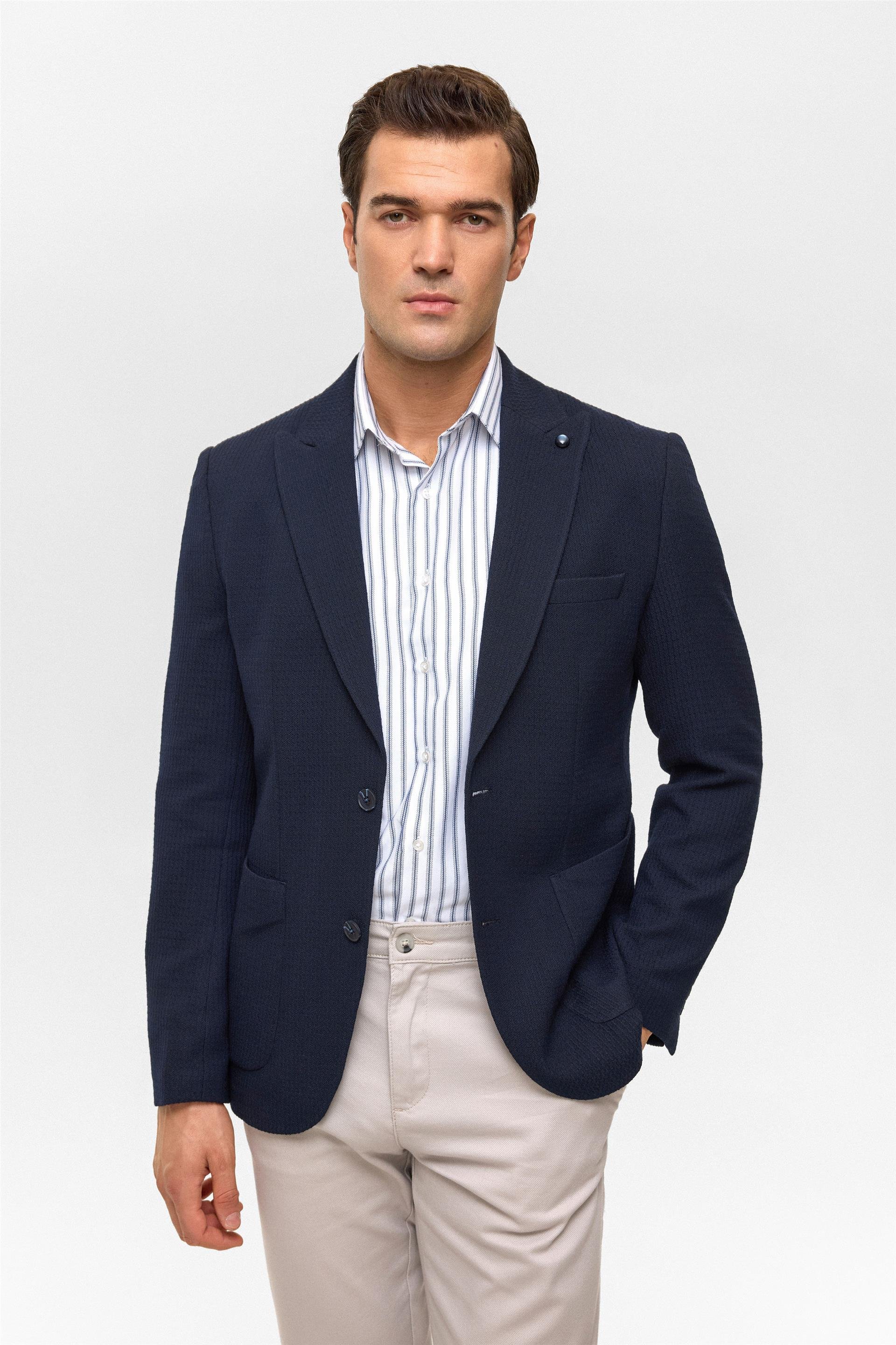 Lacivert Slim Desenli Mono Yaka 6 Drop Ceket