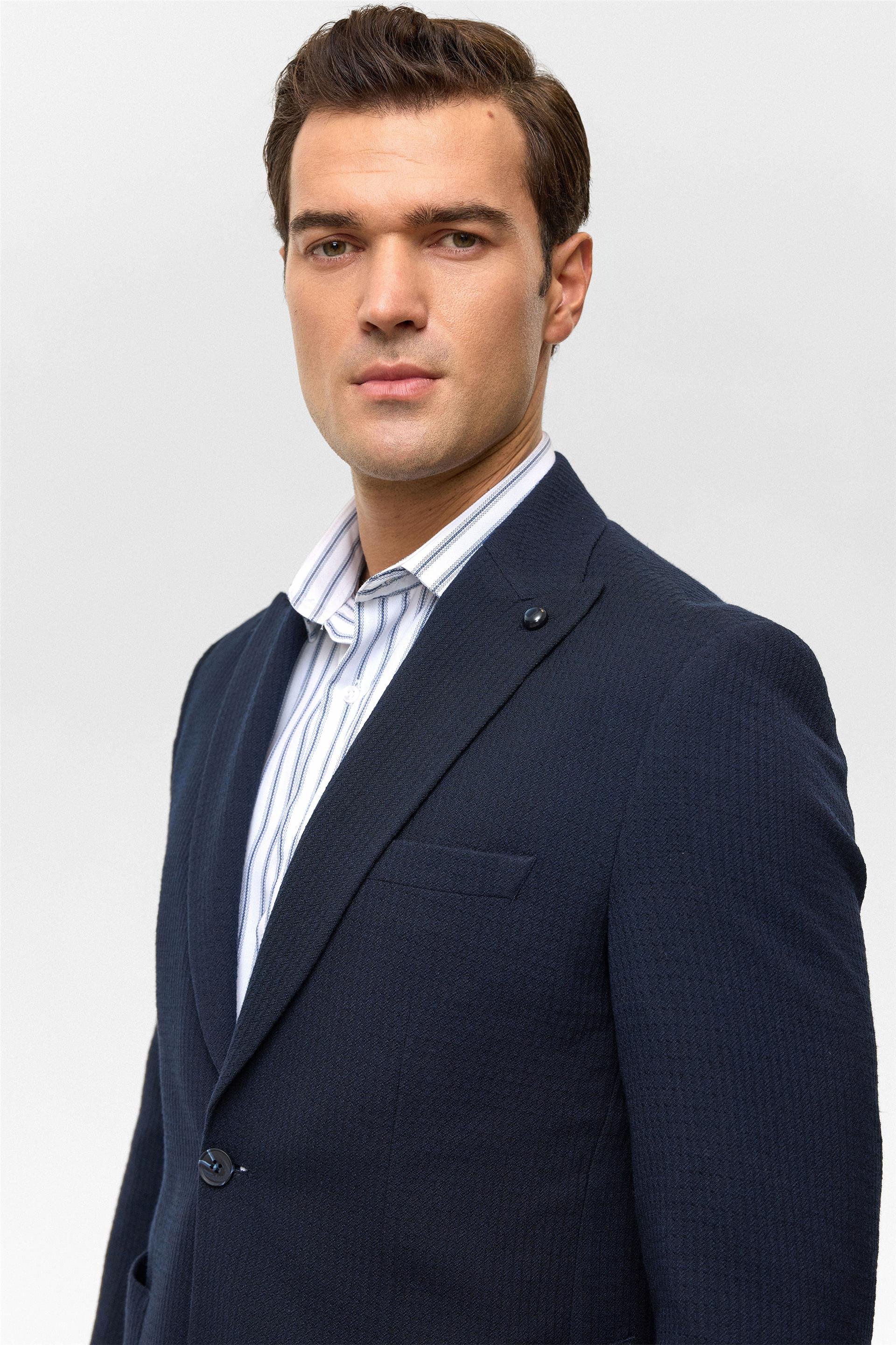 Lacivert Slim Desenli Mono Yaka 6 Drop Ceket