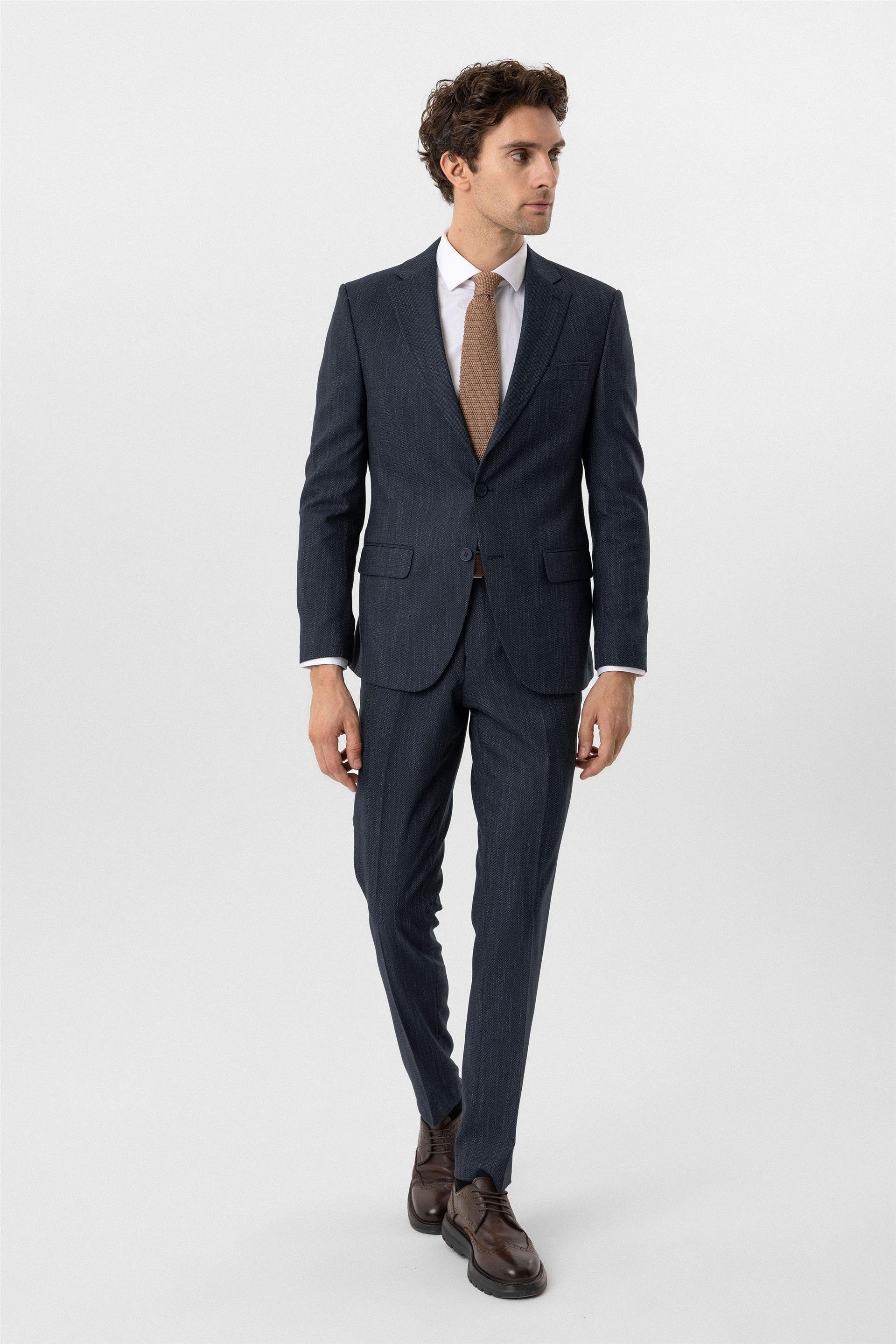 Lacivert Slim Desenli Mono Yaka 6 Drop Takım Elbise