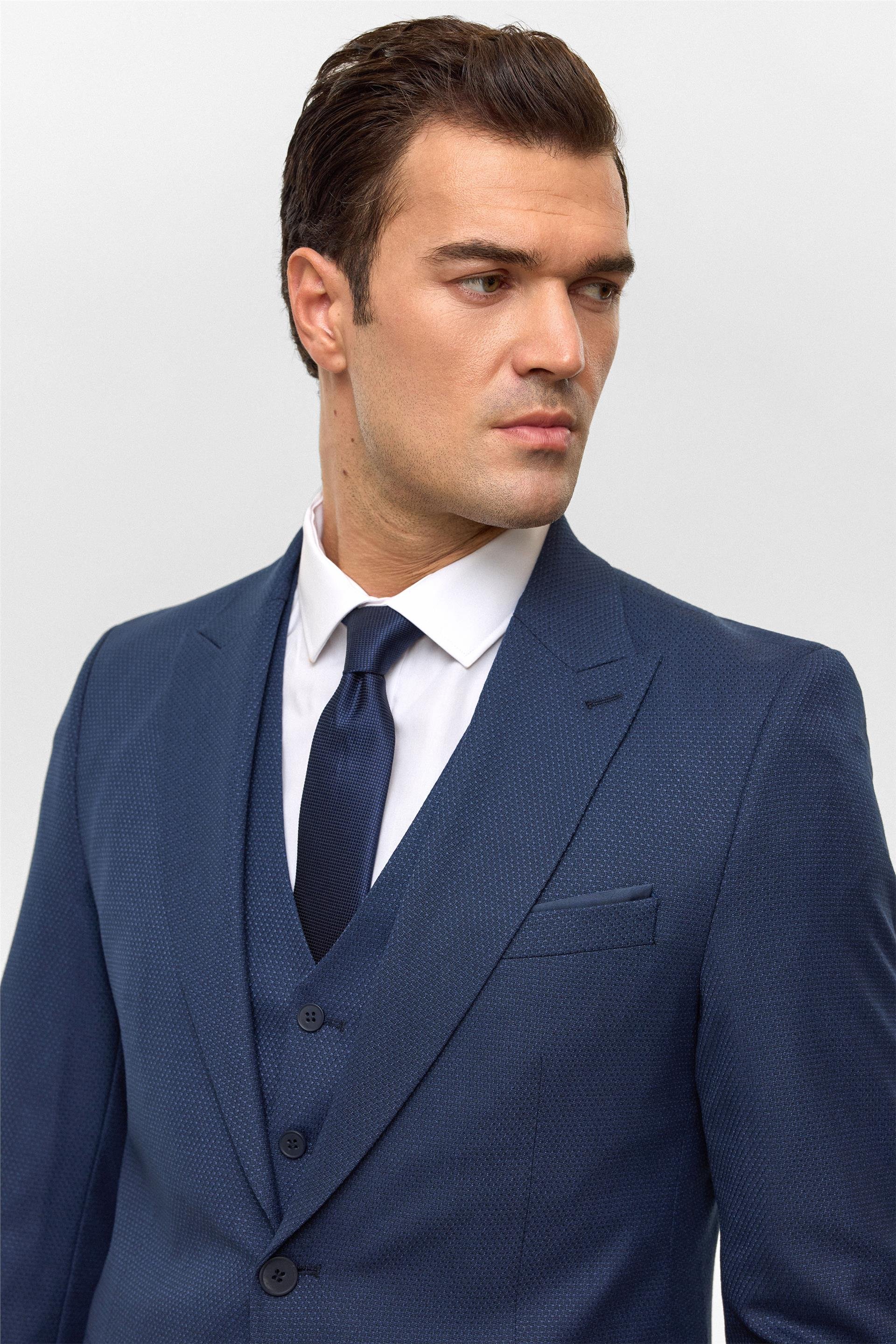 Lacivert Slim Desenli Sivri Yaka 6 Drop Yelekli Takım Elbise