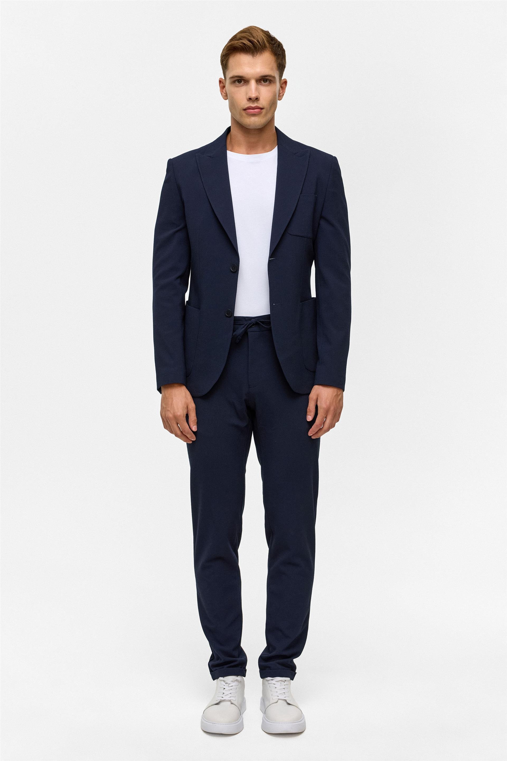 Lacivert Slim Desenli Sivri Yaka 6 Drop Jogger Pantolon