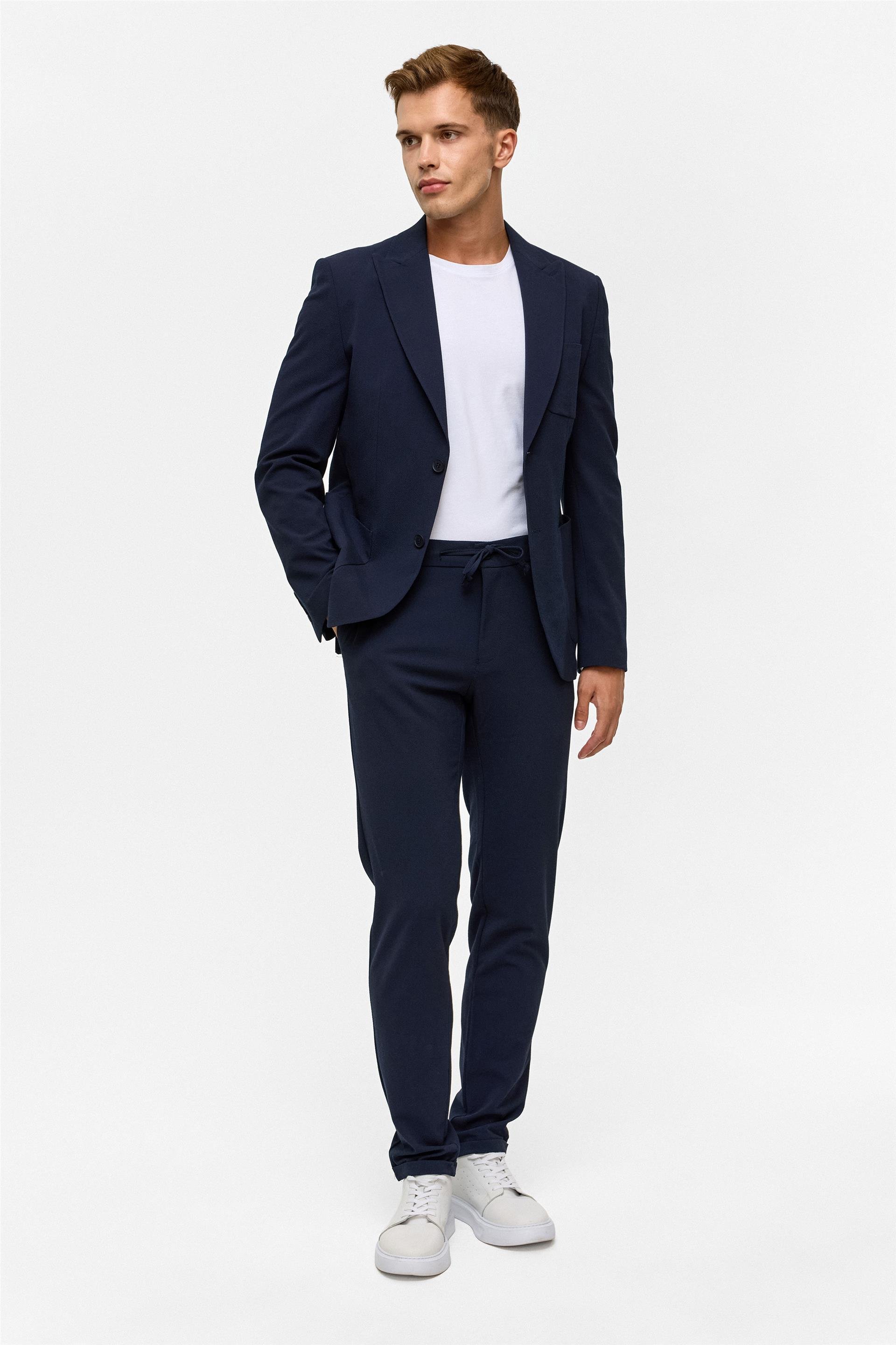 Lacivert Slim Desenli Sivri Yaka 6 Drop Jogger Pantolon