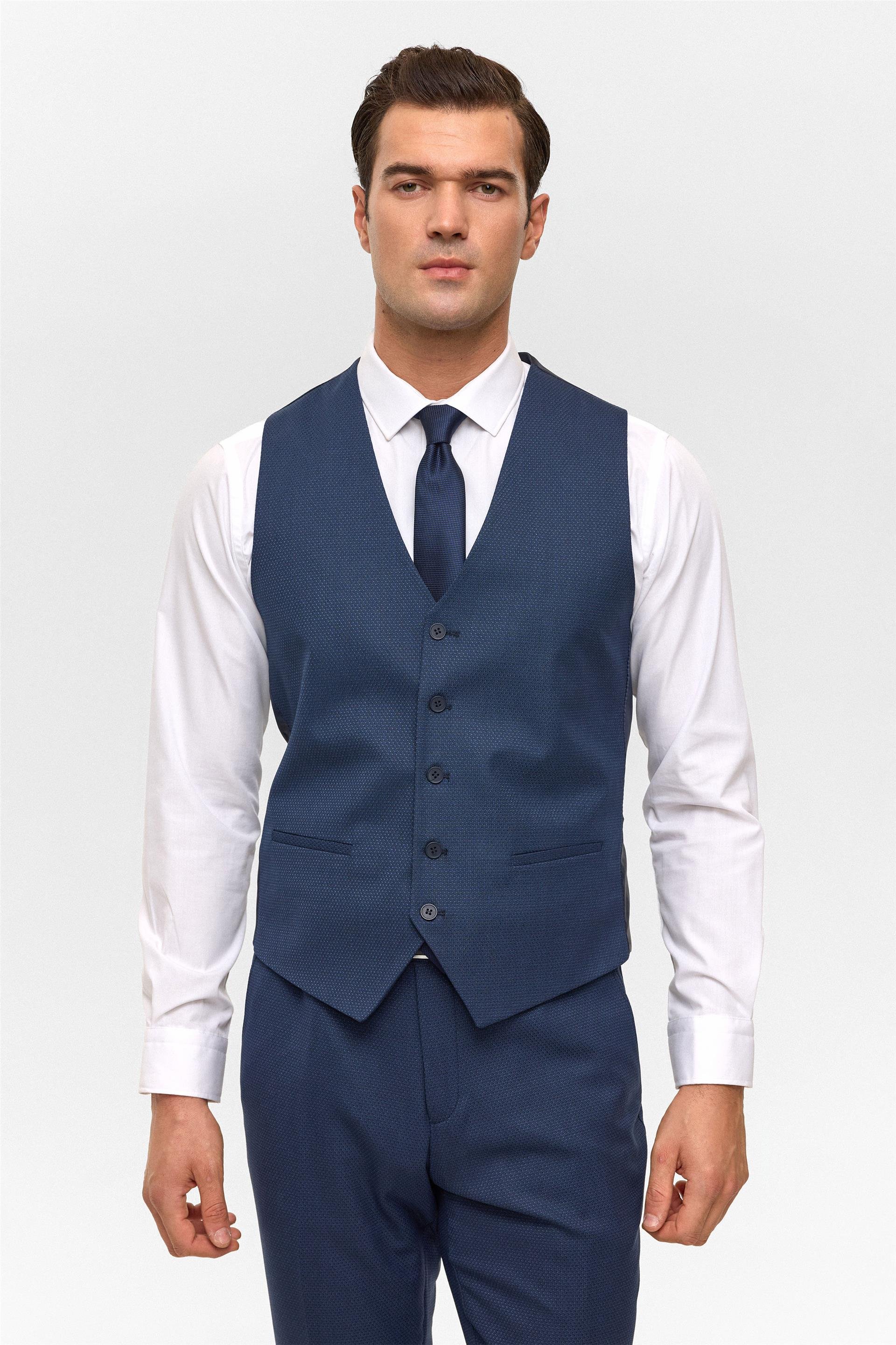 Lacivert Slim Desenli Sivri Yaka 6 Drop Yelekli Takım Elbise