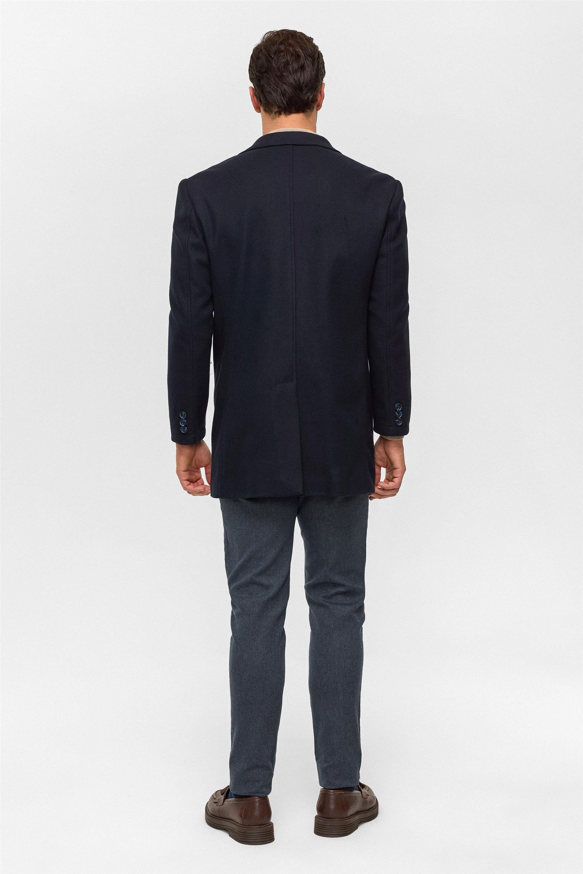 Lacivert Slim Düz Sivri Yaka Kaban