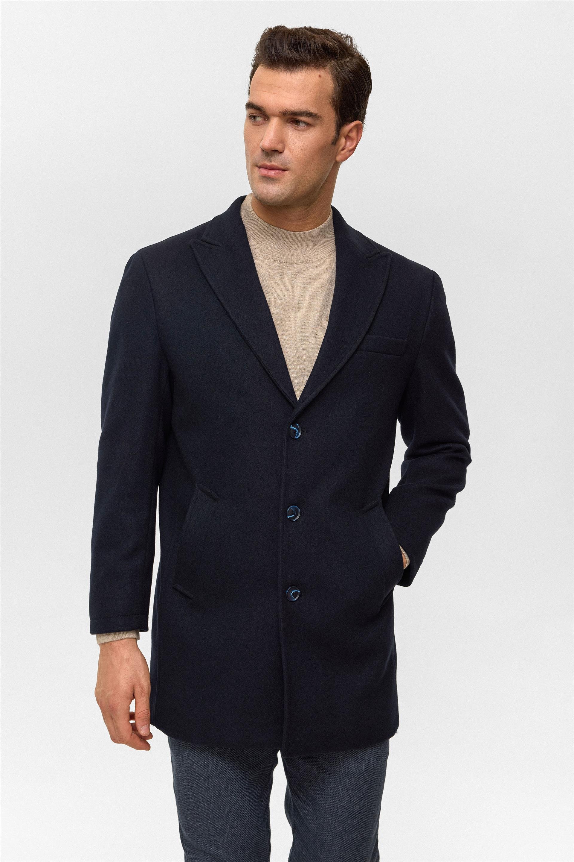 Lacivert Slim Düz Sivri Yaka Kaban